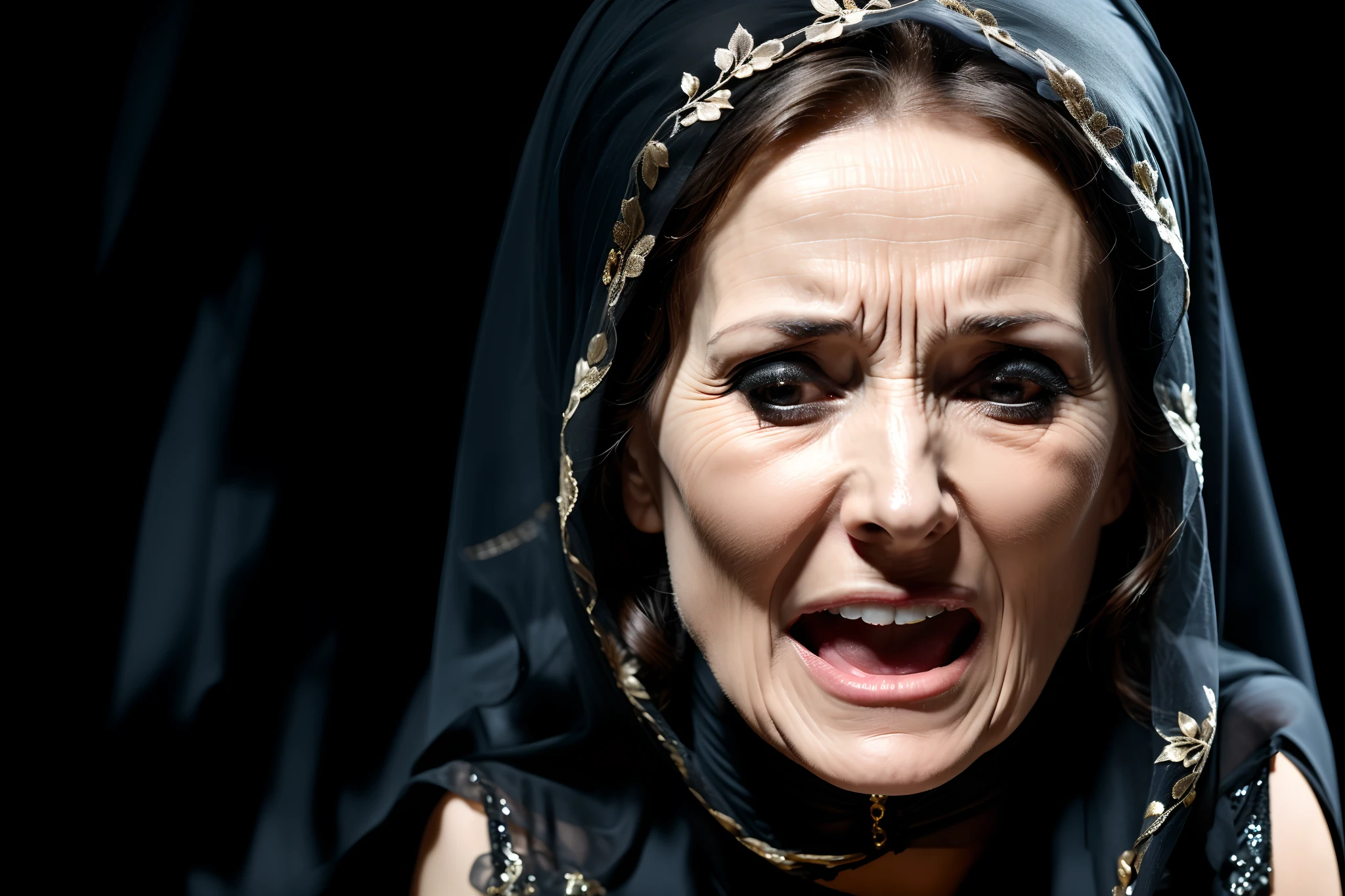 arafed woman in a black dress with a veil on her head, detailed face of an arabic woman, portraits of a woman enraged, evil woman, closeup of face melting in agony, woman crying, menacing!, appalling, very intense, dramatic facial expression, intimidating woman, middle eastern skin, face is wrapped in a black scarf, grim expression