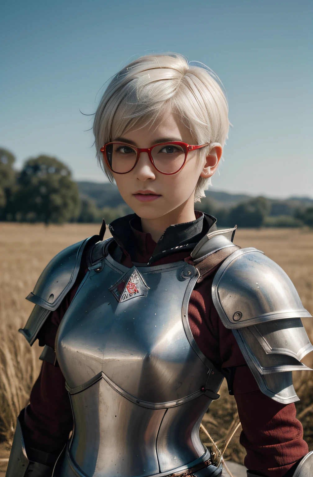 masterpiece , a girl, in a field, ( lite white short hair:1.2), (red eyes:1.2), (Crausader:1.2), (looks at the viewer:1.2) , (8k, best quality 1.2), ultra-detailed, 8k uhd, soft lighting, high quality, film grain, beautiful lighting, cinematic ,perfect body , best illumination, best shadow, sharpness, contrast, red glasses, messy hair, , absurdres high detailed face, steel armour, great sword