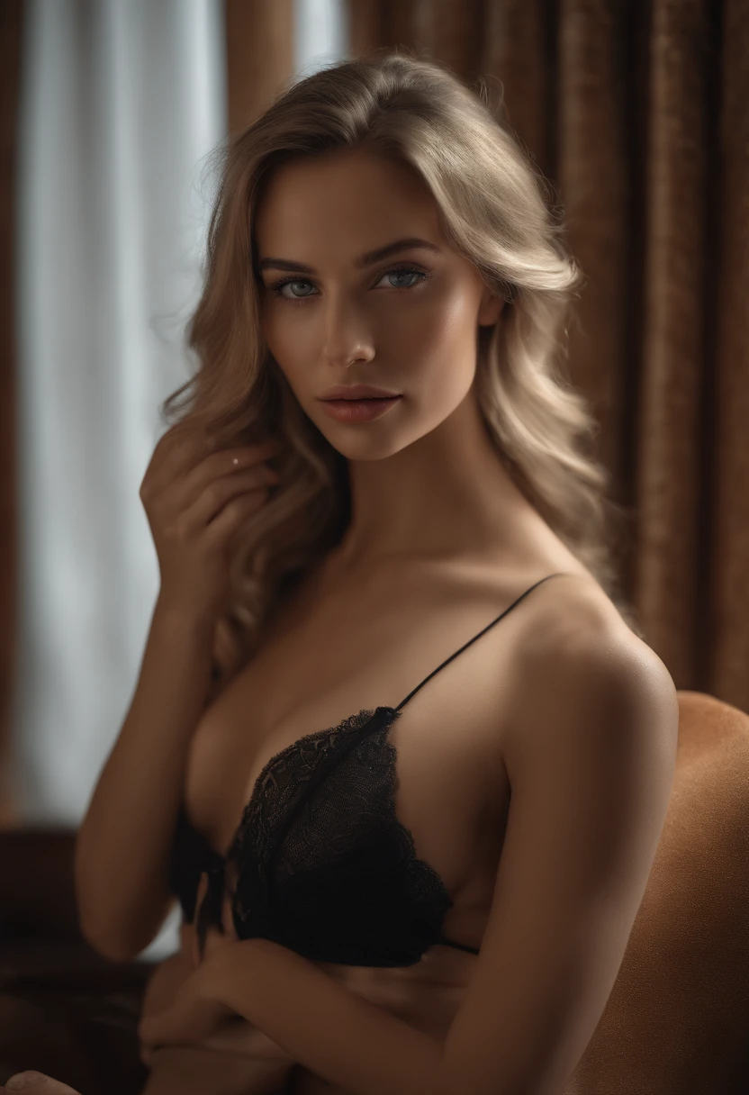 .RAW, analogique, Nikon Z 85mm,((Best quality)), ((Masterpiece)), ((Realstic)),image vintage, Magnifique femme russe, Blond, 22 ans, posing in a hotel in lingerie, porter de la lingerie petite, sourire avec des dents montrant, ((petits seins)), Intricate details, highly detailed, mise au point nette, professionnel, 4K, Rayons divins, hand model, Superbes yeux bruns, petite, high resolucion, Detailed facial features, High detail, mise au point nette, lisse, Extremely detailed, photo_\(ultra\), photoreallistic, Realstic, Post-traitement, max detail, roughness, real life, ultra realist, photorealism, 8K UHD, SEMI-SILHOUETTE light, Visage slave, longs cheveux blon, Beaux cheveux, Face of character, corps entier