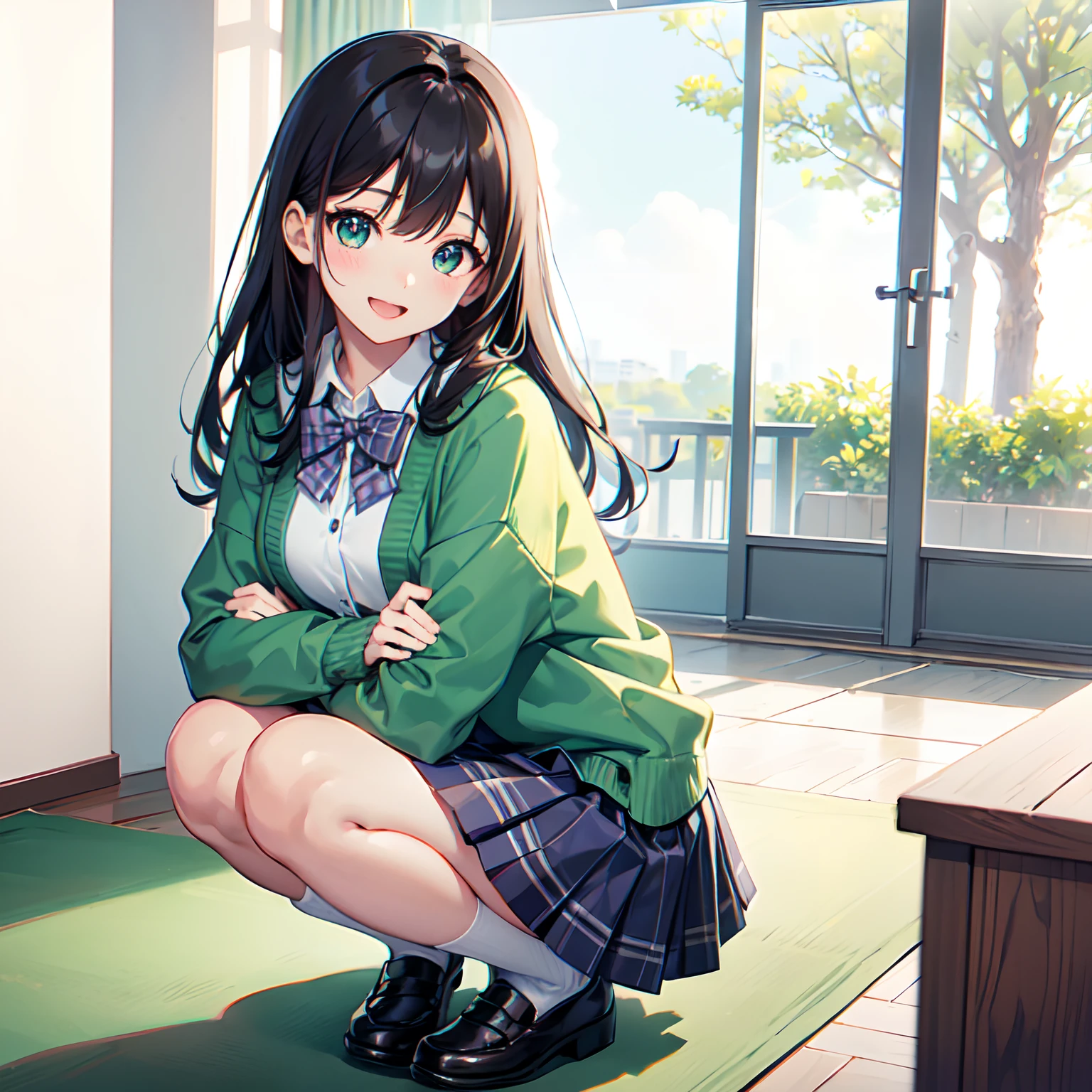 Super delicate and cute girl with black hair、a 、14years、8K Ultra High Defition, Delicate texture,Medium Hair、flat chest、Her eyes are dark purple、(School Uniforms:1.2), (Wearing a pastel green cardigan over a white shirt:1.3), (Plaid pleated skirt:1.3), Healthy thighs、Looks happy、open open mouth、A slight smil、crouching down、Looking at the camera、the breeze blows、Skirt Hirari