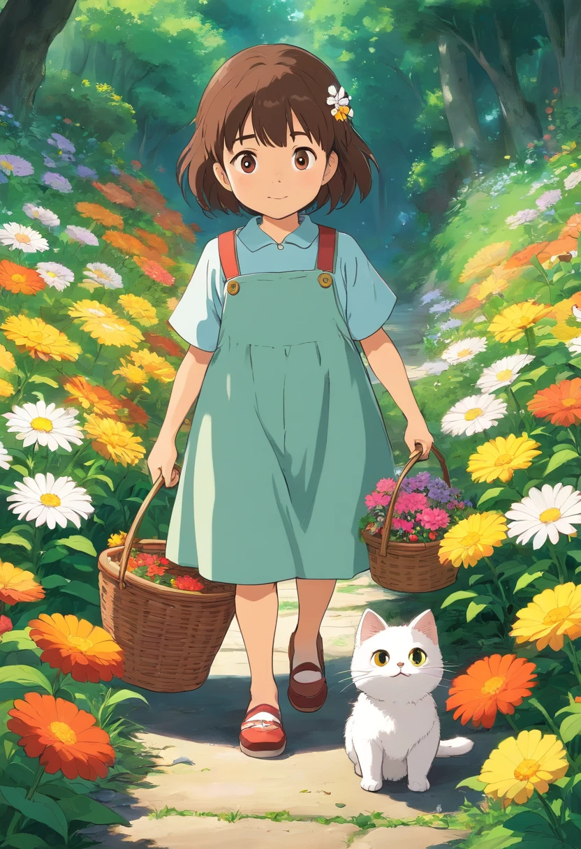 A 5--old l picks flowers with a basket of flowers, Next to it is followed by a round-eyed little flower cat,
