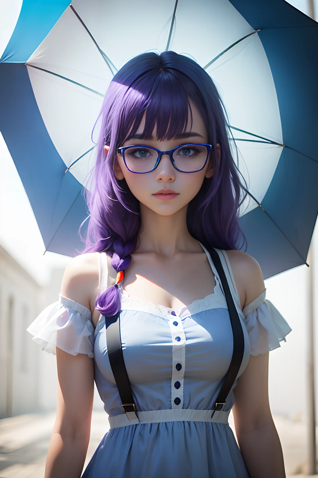 Girl with purple hair, white shirt, (((overlaid blue dress))), black square glasses, using a white and red umbrella,