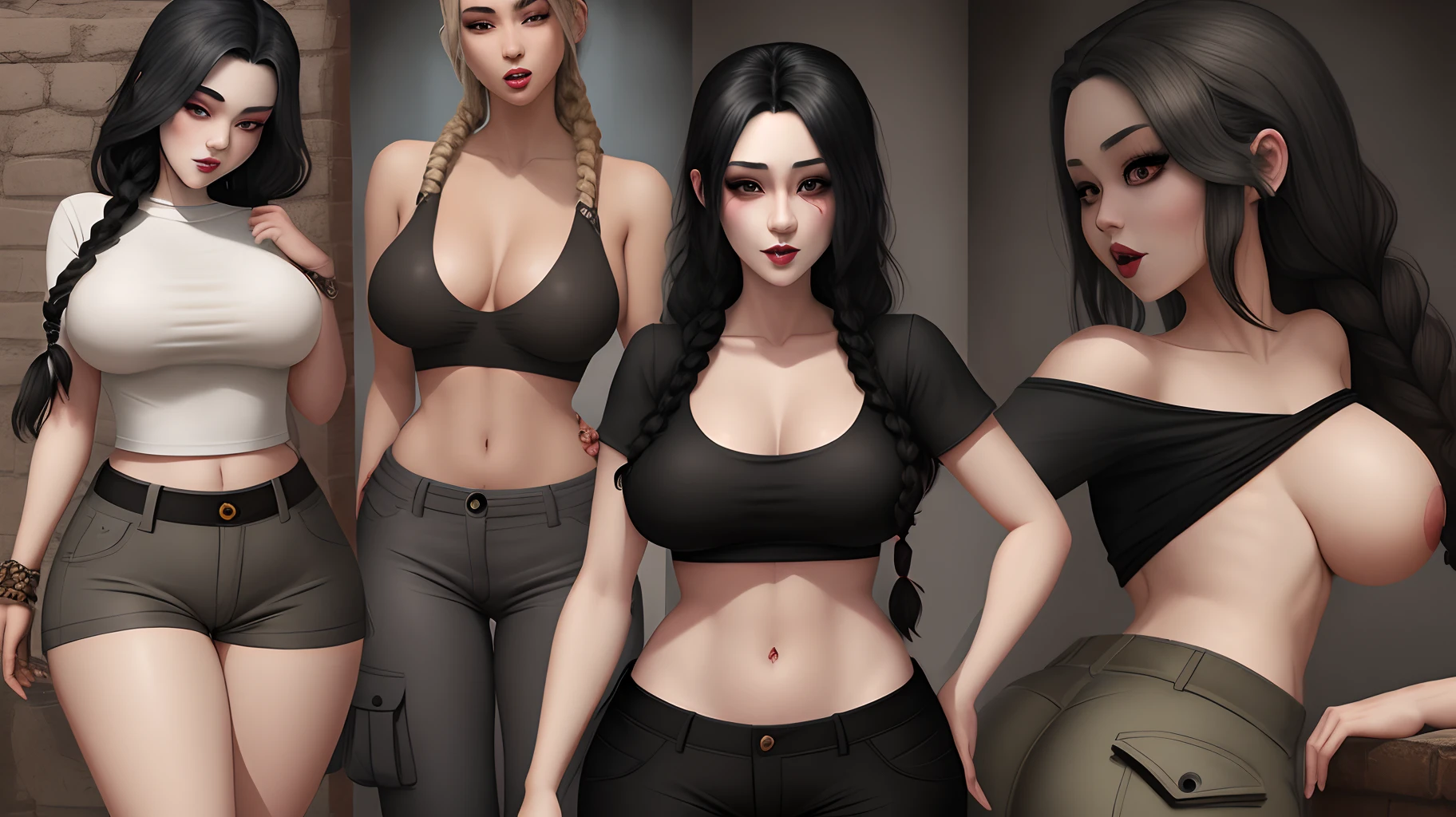 Fantasy style, tall skinny girl, long black hair in a braid, gray eyes, black cropped top, tan cargo pants, big boobs, big butt, vampire bites