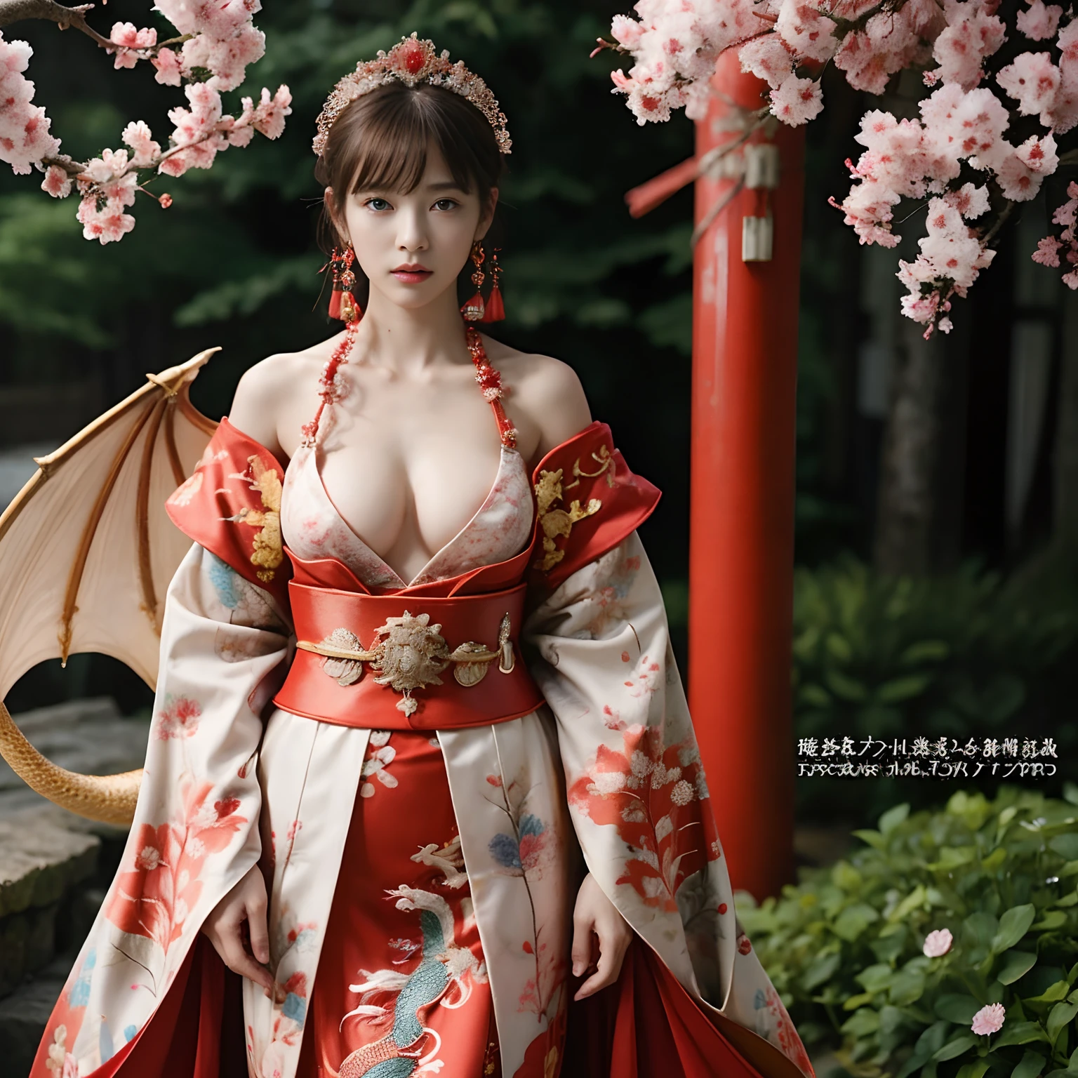 (Fight fiercely with dragons)、top-quality、masterpiece、超A high resolution、(Wearing a colorful Japan kimono)、Kimono with beautiful pattern、(Wearing a beautiful crown made of jewels),(Photorealsitic:1.4)、Raw photo、1人、Japan big castle background、glowy skin、(((Chinese Dragon)))、(Gorgeous Jewelry Necklaces)、(Mystical expression)、(Fight big dragons)、Kimono with beautiful pattern of Japan、(Metal bodysuit)、(beautiful forest background)、Precipitous cliffs、(Small LED)、((super realistic details))、portlate、globalillumination、Shadow、octan render、(There is also a shrine in the background)、8K、ultrasharp、Colossal tits、Raw skin is exposed in cleavage、metals、Details of complex ornaments、Japan details、highly intricate detail、Realistic light、CGSoation Trends、Blue eyes、radiant eyes、Facing the camera、neon details)、Gundam、Small LED、,Mechanical thighs、Toostock、(Full Body Angle)、(veils)、