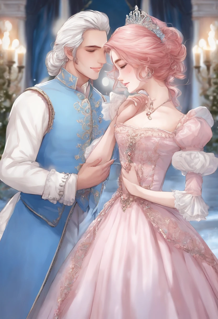 A girl with light pink hair, blue eyes, and white eyelashes, wearing a beautiful blue Victorian dress, holding her face. A huge man with black hair and red eyes, with a beautiful smile, puts his hand on her waist, dressed like a duke, like a prince and princess. at a parklake in the moonlight