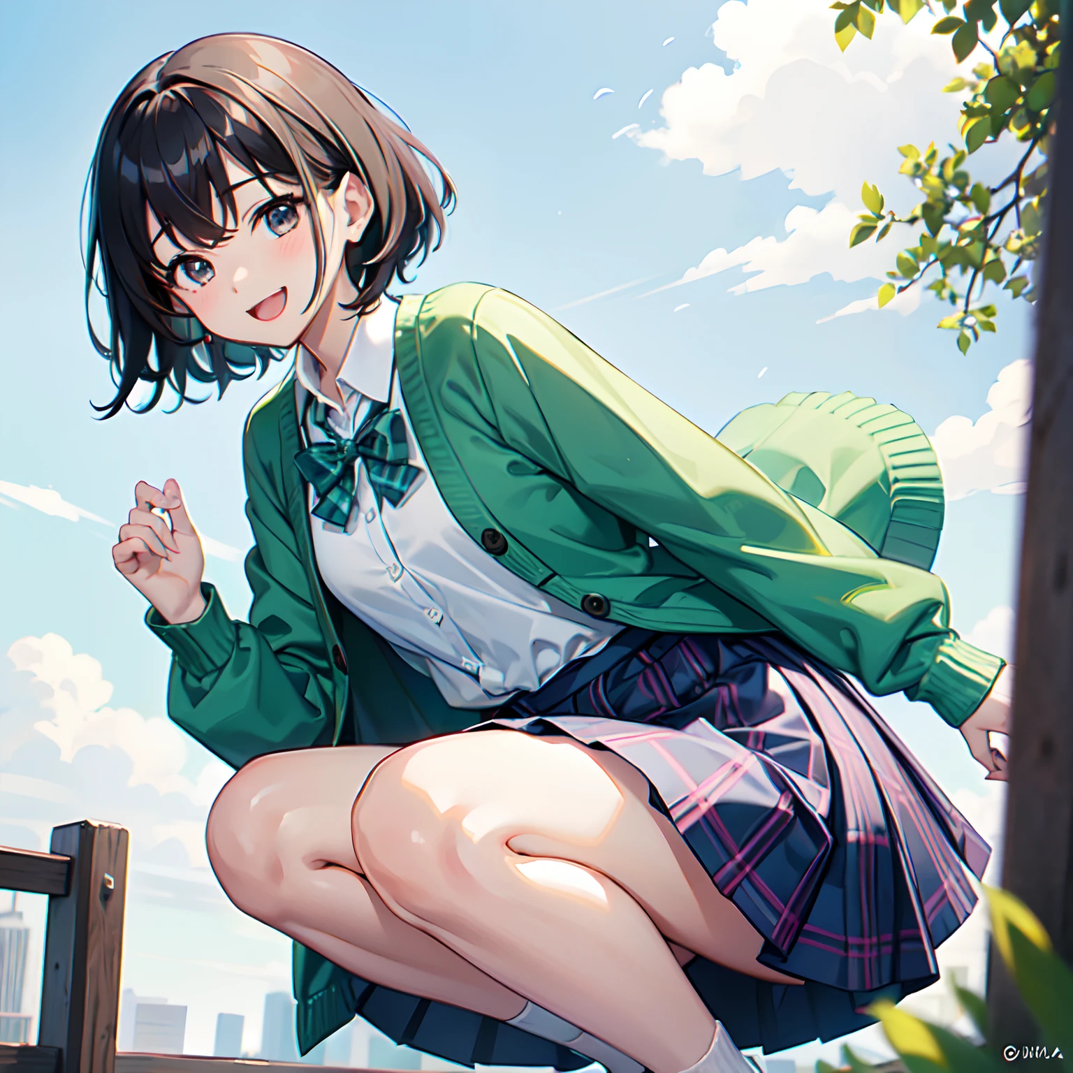 Super delicate and cute girl with black hair、a 、14years、8K Ultra High Defition, Delicate texture,Medium Hair、flat chest、Her eyes are dark purple、(School Uniforms:1.2), (Wearing a pastel green cardigan over a white shirt:1.3), (Plaid pleated skirt:1.3), Healthy thighs、Looks happy、open open mouth、A slight smil、crouching down、Looking at the camera、the breeze blows、Skirt Hirari