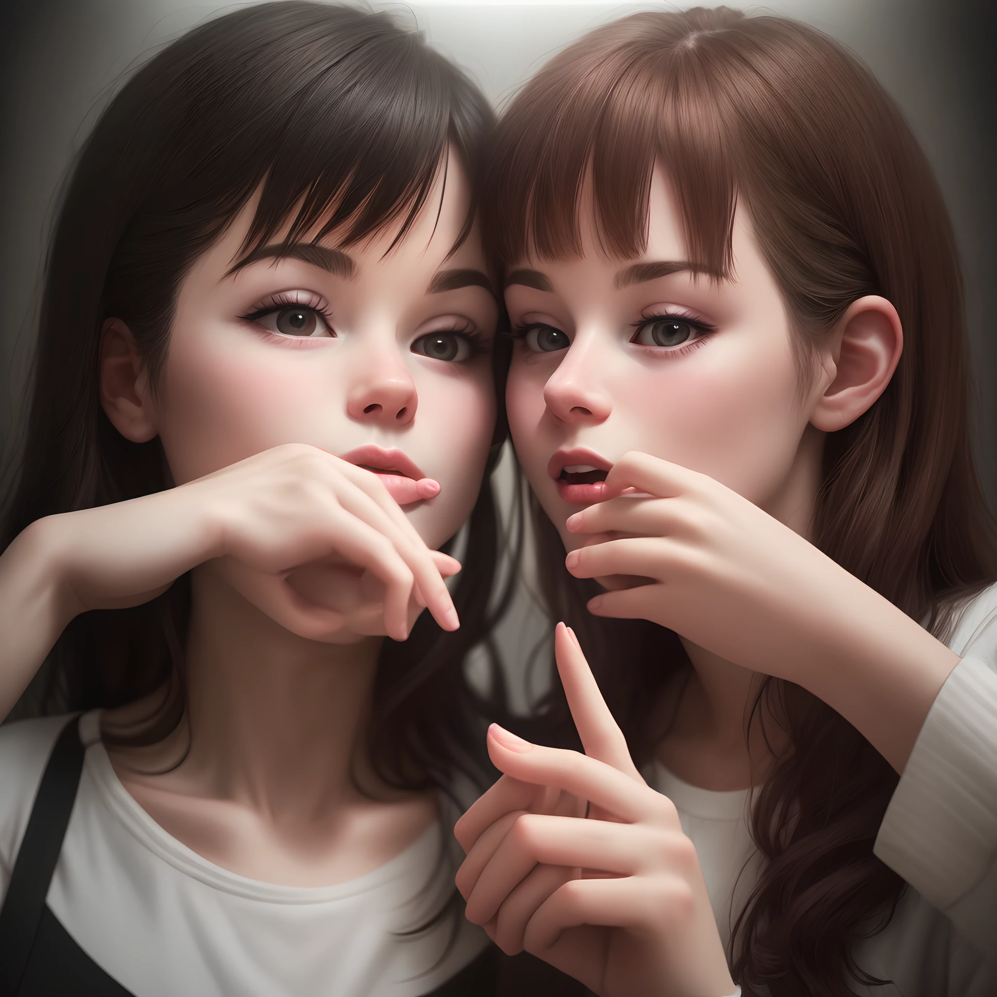 Two people putting their finger over their mouth in a dark room