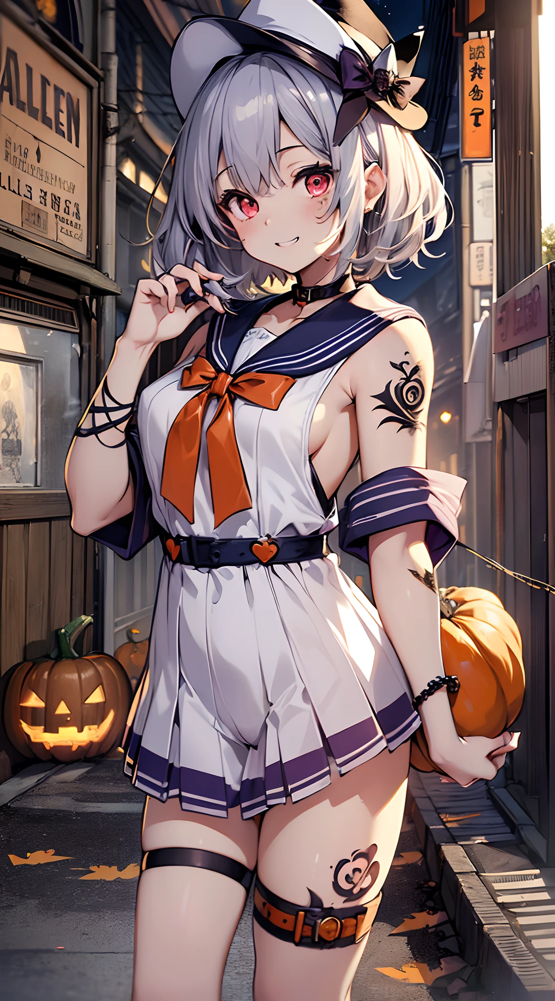 top-quality、Top image quality、in 8K,4K,​masterpiece、(NSFW:1.1)、ultra-detailliert、Beautiful、ultra-quality、cute little、girl with(((18year old、Halloween Costumes:1.5、a sailor suit、Bust 78、silber hair、a short bob、Red Eyes、erotick:1.4、Happiness、The tattoo)))、full body Esbian:1.4、hiquality、visualart、Background with((Halloween:1.2))、masutepiece