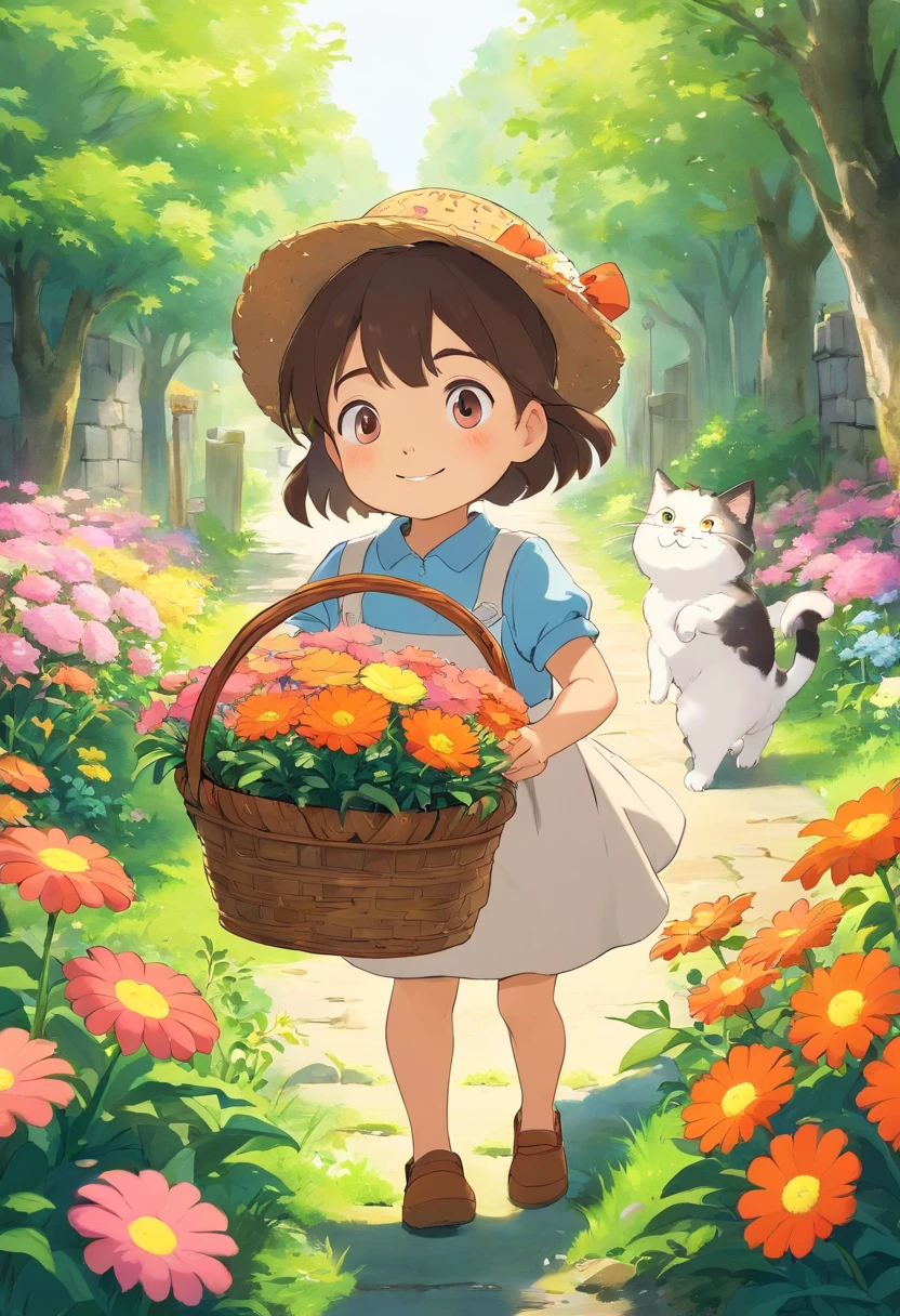 A 5--old l picks flowers with a basket of flowers,ssmile, Next to it is followed by a round-eyed little flower cat,