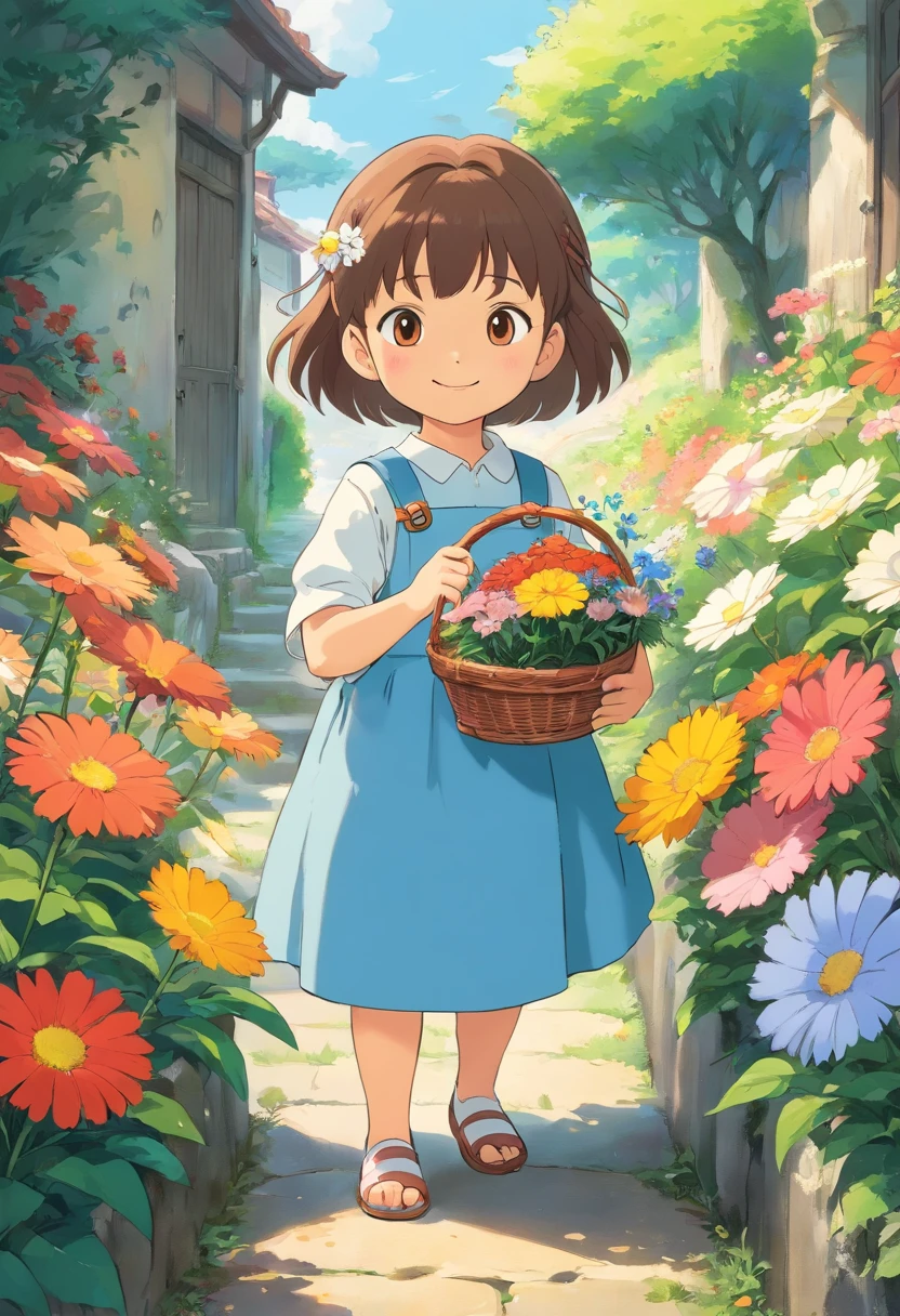 A 5-year-old girl picks flowers with a basket of flowers,ssmile, Next to it is followed by a round-eyed little flower cat,