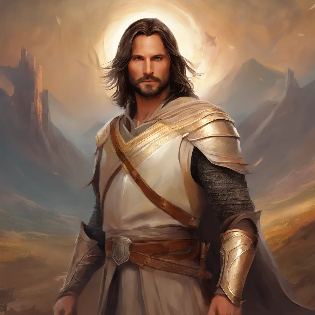 Rey Aragorn, armadura plateada, corona en la cabeza, brown hair and beard, pose heroica