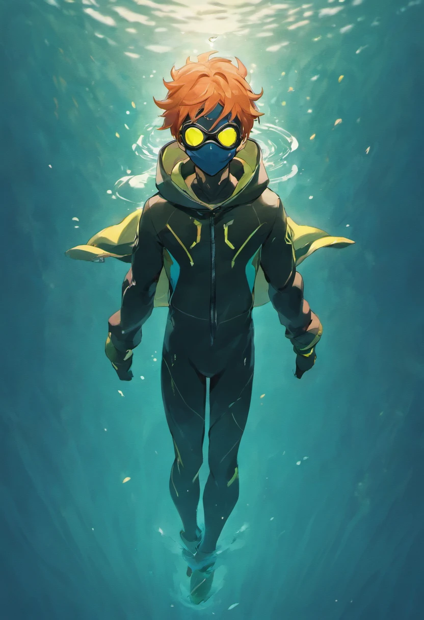 full body. Male freediver. Hooded wearing diving mask. heading down
