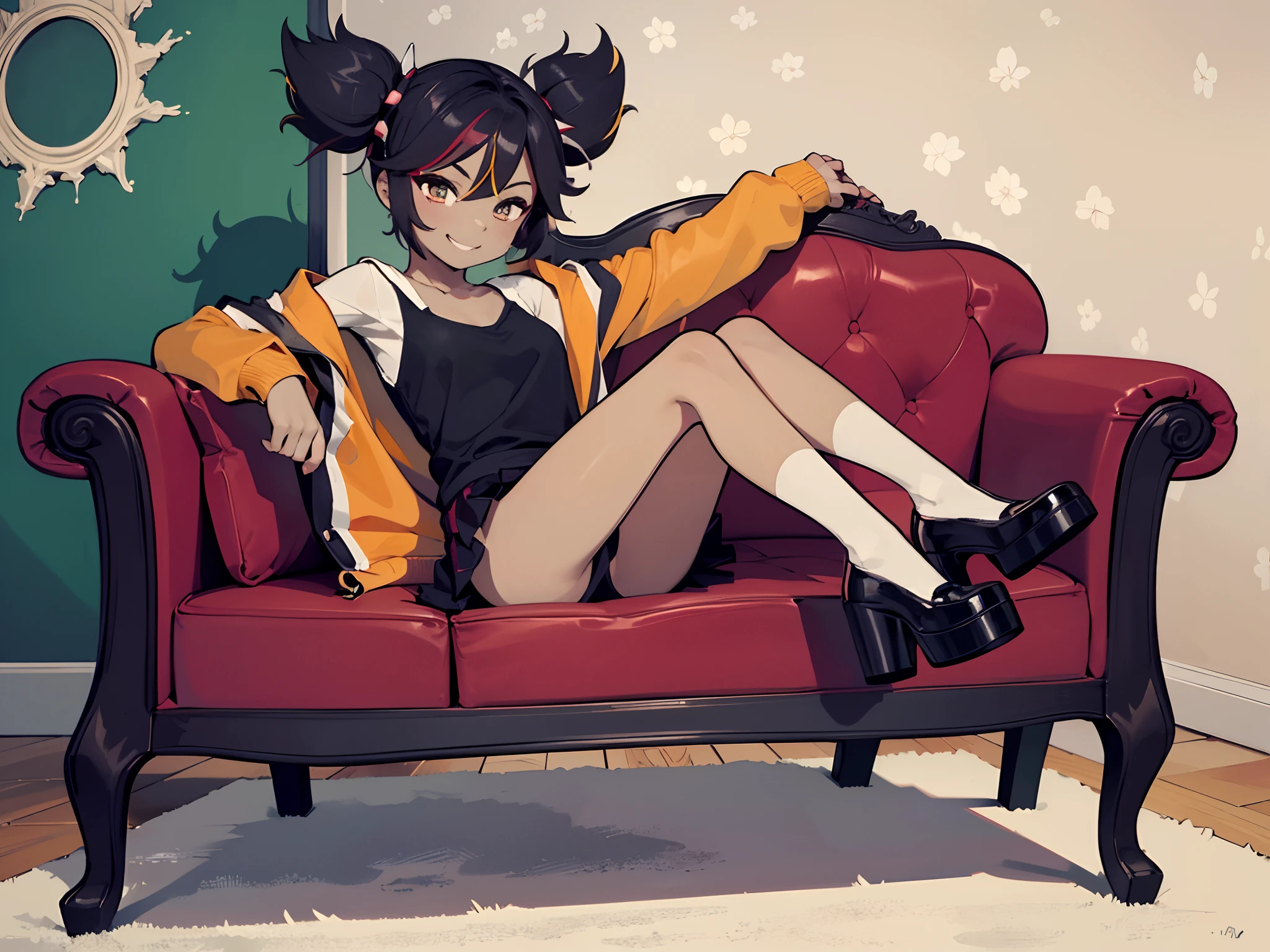 (Masterpiece, best quality, good anatomy, wallpaper, 4k, HD) 1 girl, solo!!, tanned skin, black hair, twintails, brown eyes, smile, closed mouth, red school jacket, black skirt, black legwears, red platform shoes, sofa, living room, day