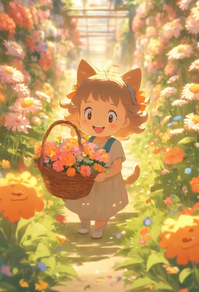 A 5-year-old girl picks flowers with a basket of flowers,ssmile, Next to it is followed by a round-eyed little flower cat,