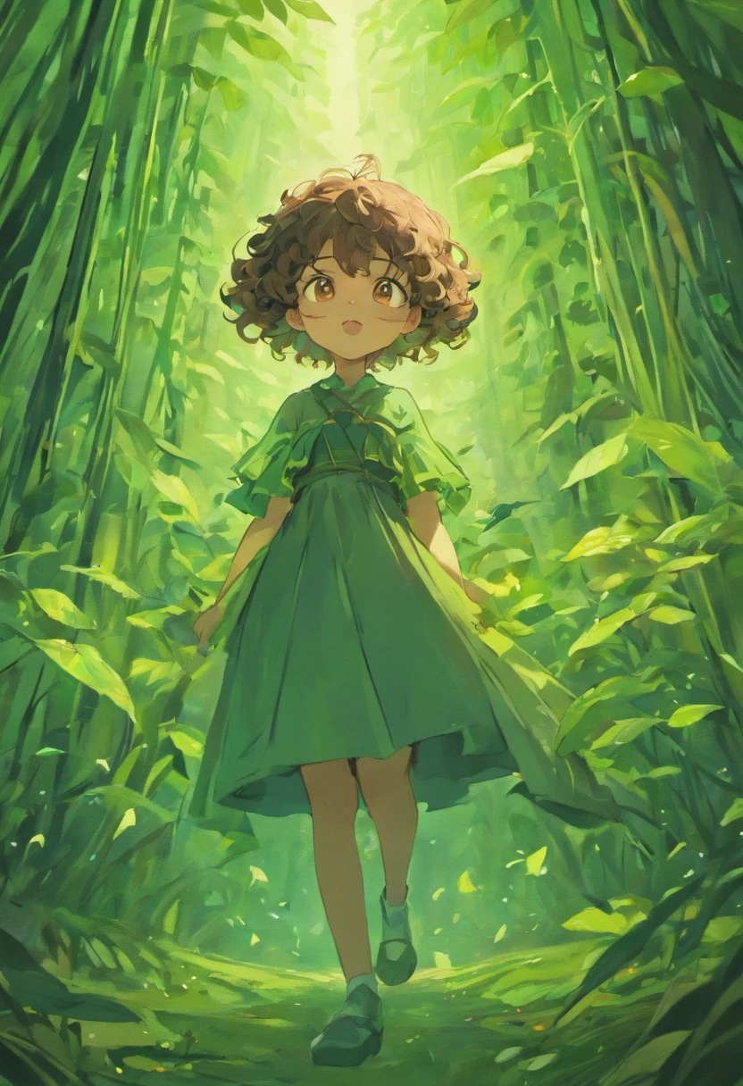 , preto, curly hair, roupas azuis, alegre, ATRAVESSANDO UM RIACHO, FOREST SCENERY OF THE CARNIVORAS PLANT, 3D animation