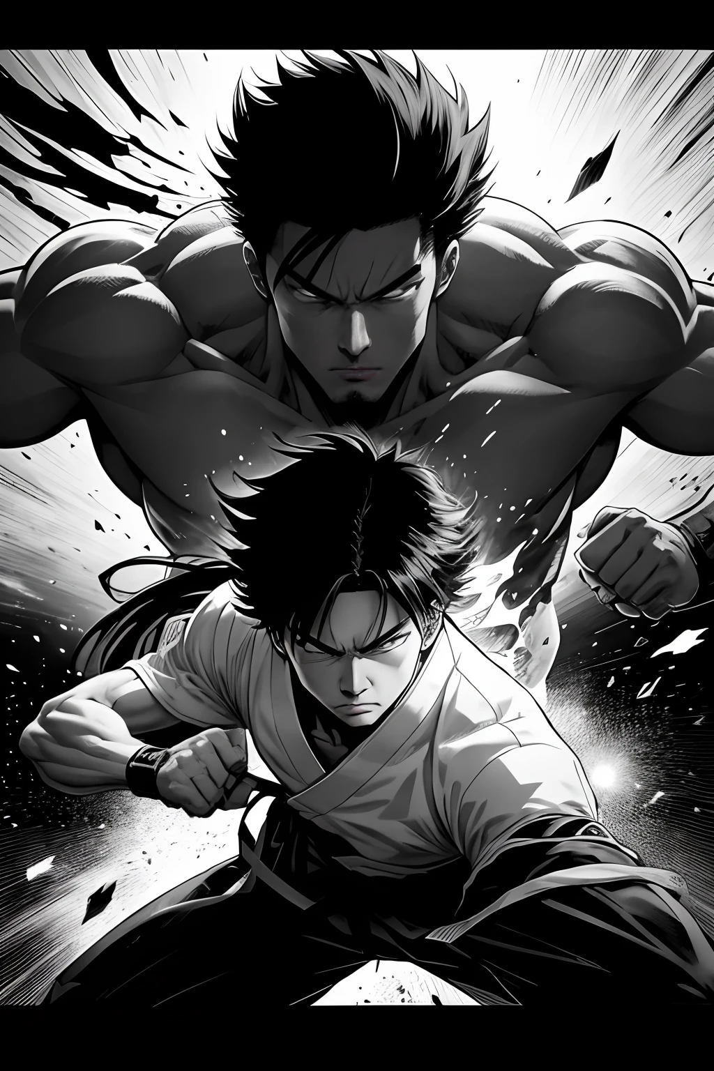 Black and white Japanese manga,There are multiple panels on a page:: Jump Magazine,Hot-blooded martial arts comics, A comic book about Hokuto,author:tatsuki fujimoto。Shake your fist,Fatal blow,Highly detailed dynamics reveal the film's clear lines, Stunning,Vivid lighting and vivid shadows,Smoke transformation,Arc of light,Explosive particles,Strong visual impact. --niji 5 --q 2 ---16K