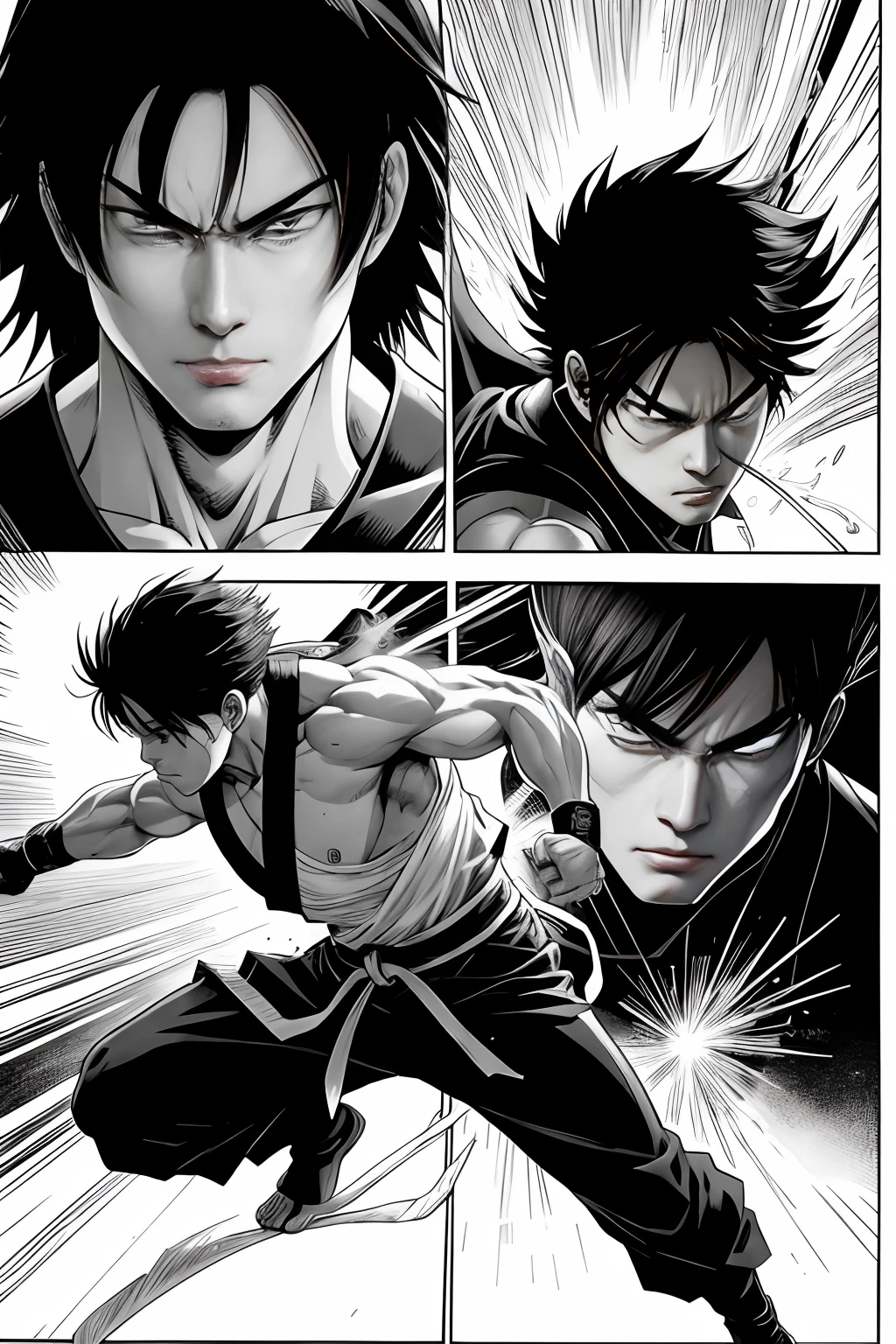 Black and white Japanese manga,There are multiple panels on a page:: Jump Magazine,Hot-blooded martial arts comics, A comic book about Hokuto,author:tatsuki fujimoto。Shake your fist,Fatal blow,Highly detailed dynamics reveal the film's clear lines, Stunning,Vivid lighting and vivid shadows,Smoke transformation,Arc of light,Explosive particles,Strong visual impact. --niji 5 --q 2 ---16K