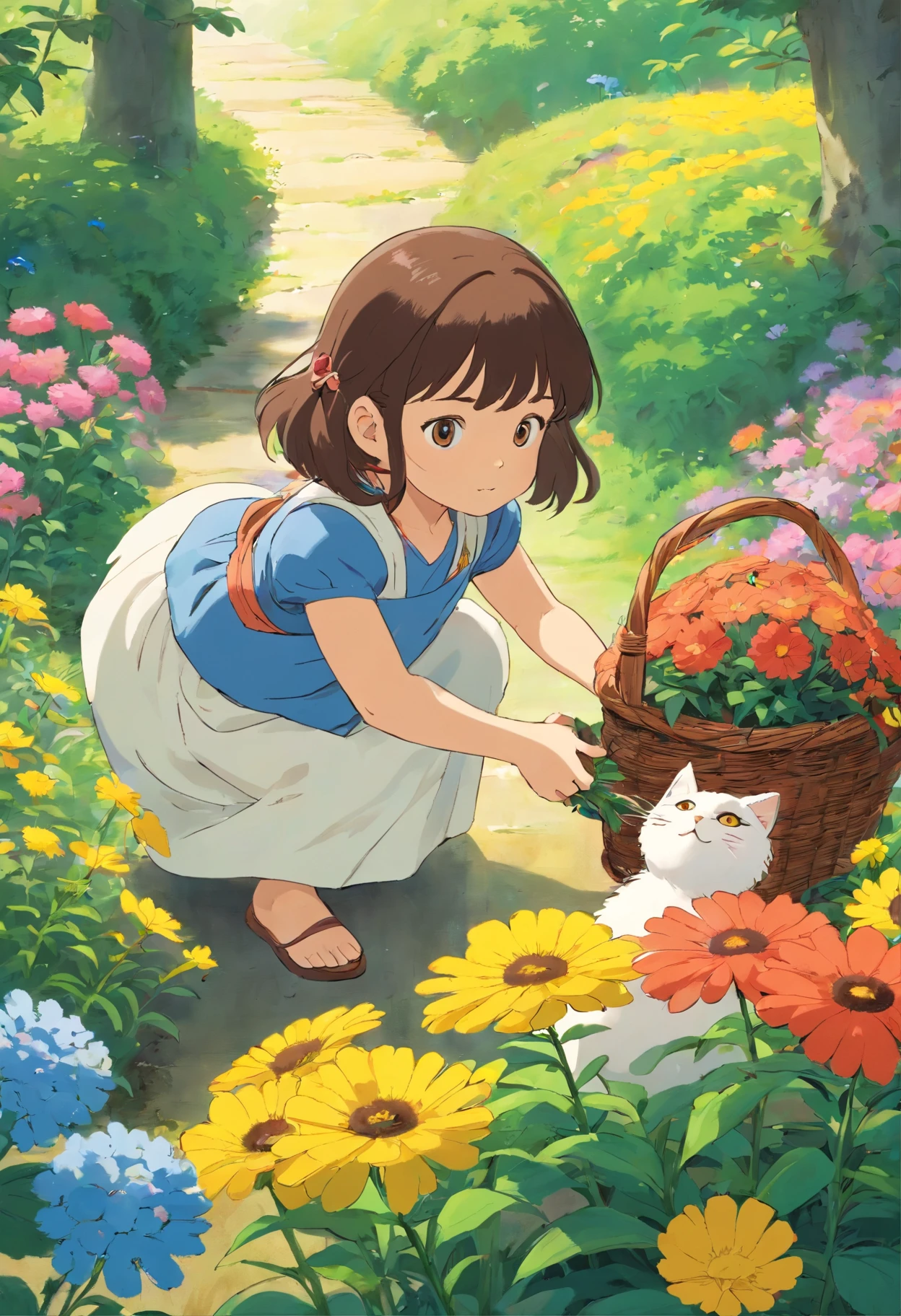 A 5--old l picks flowers with a basket of flowers, Next to it is followed by a round-eyed little flower cat,
