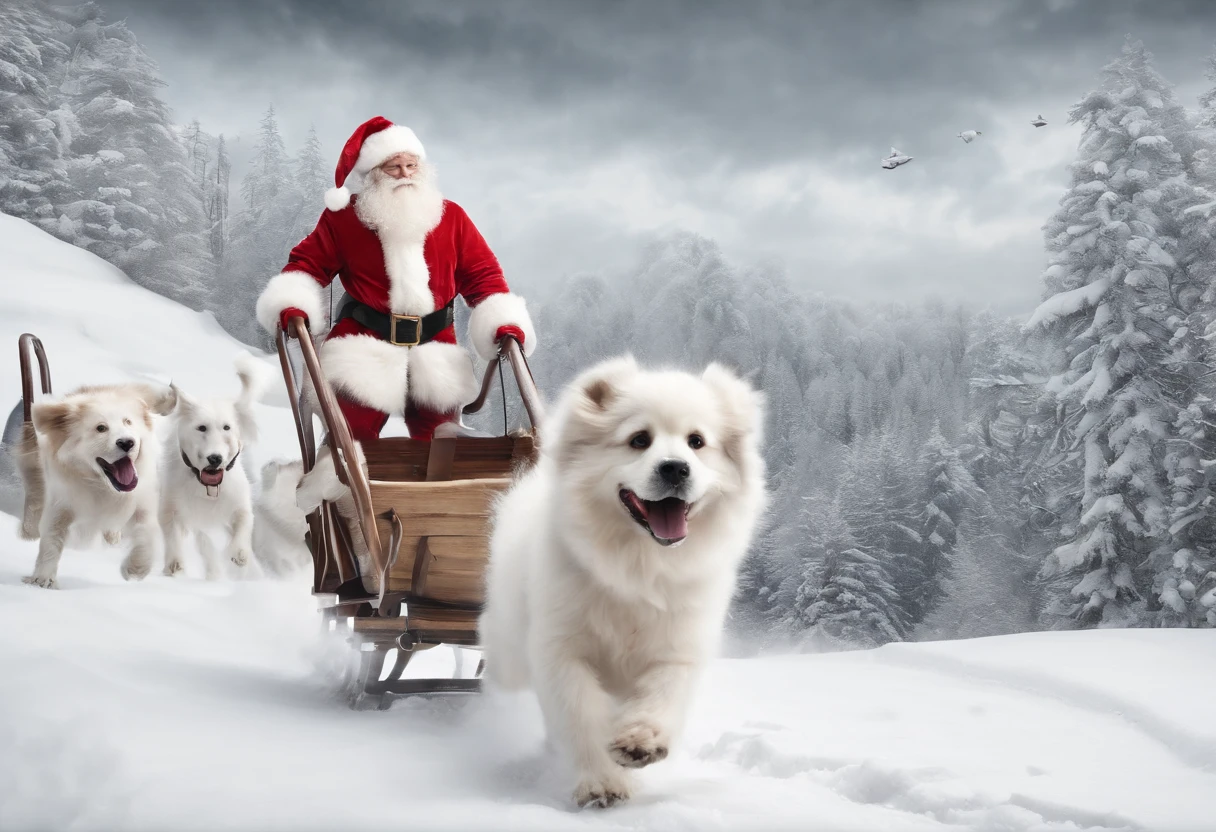 Cute colouring book lineart, Pixar Style Santa Claus in a beautiful sleigh, being pulled across the sky by cute white fluffy puppies, lineart for colouring page, thin black precise lines on white background,