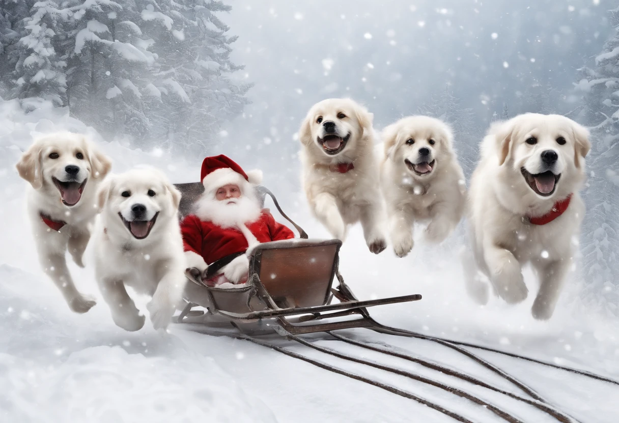 Cute colouring book lineart, Pixar Style Santa Claus in a beautiful sleigh, being pulled across the sky by cute white fluffy puppies, lineart for colouring page, thin black precise lines on white background,