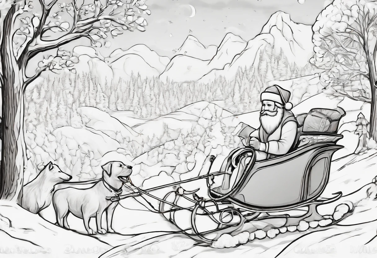 Cute colouring book lineart, Pixar Style Santa Claus in a beautiful sleigh, being pulled across the sky by cute white fluffy puppies, lineart for colouring page, thin black precise lines on white background,