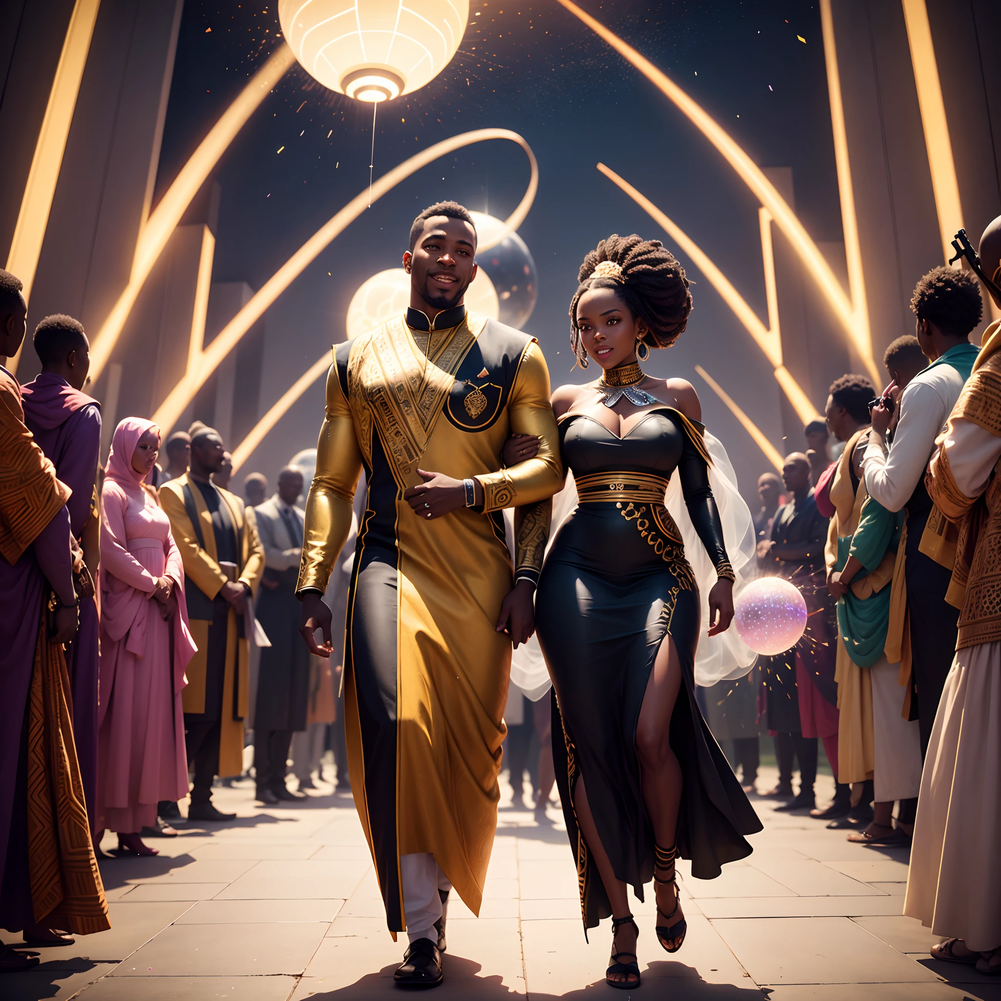 Diagonal angle shot of a happy Black man dressed in African designed clothes and happy black woman dressed in african designed clothes getting married, with celebrating congregation in the background, standing on a reflecting ground surface, in a futuristic African cyberpunk city full of African designed architecture and sculptures, surrounded by lighting futuristic floating light sphere drones, daylight shining, mini androids glowing in the scene, with iridescent light, photorealistic image, ultra HD, cinematic lighting, artgerm style,