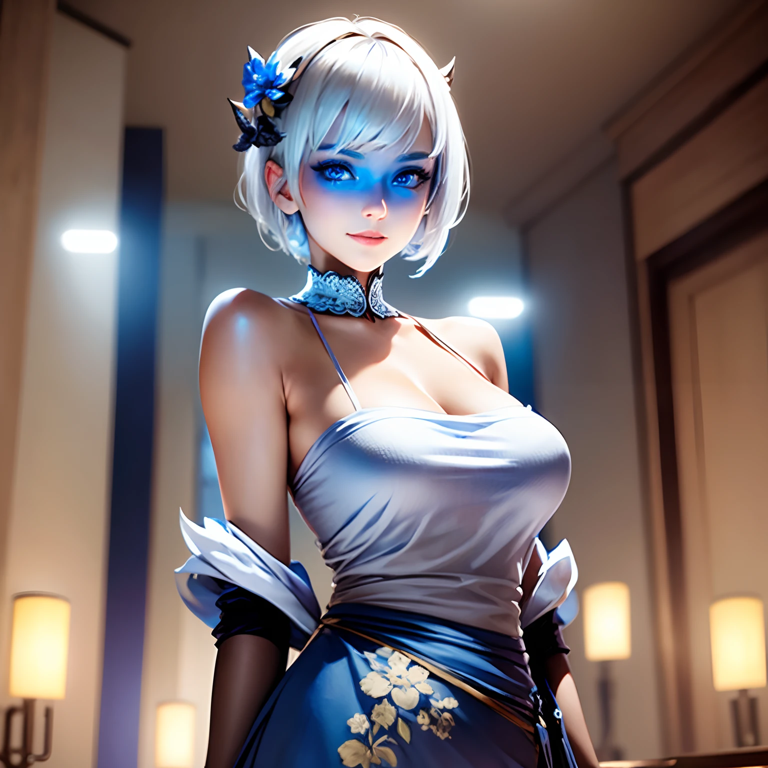 1girl, wear kebaya, bethel, blue eyes, bare shoulders, breasts, medium breasts, short hair, white hair, hair over one eye, bangs, gloves, sleeveless, solo, shirt, fingerless gloves, white shirt, sleeveless shirt, arms behind back, off shoulder, horns, smile, (masterpiece), (best quality), (ultra detailed), indoors, simple background, blue flowers,
