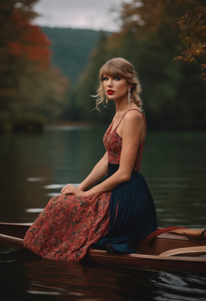 Taylor Swift on a lake surrounded by wysterias in a folk style