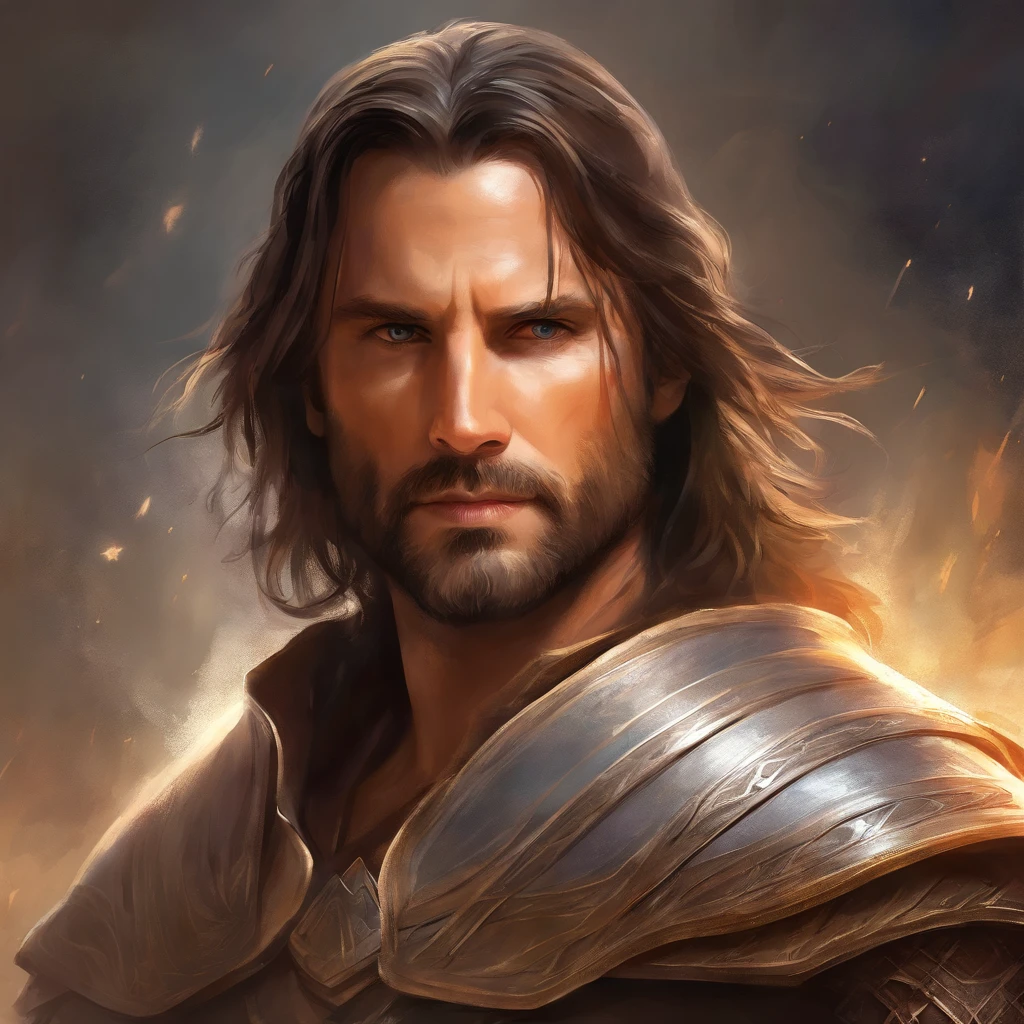 Rey Aragorn, armadura plateada, corona en la cabeza, brown hair and beard, pose heroica, altamente detallado, alta calidad, expresion serena