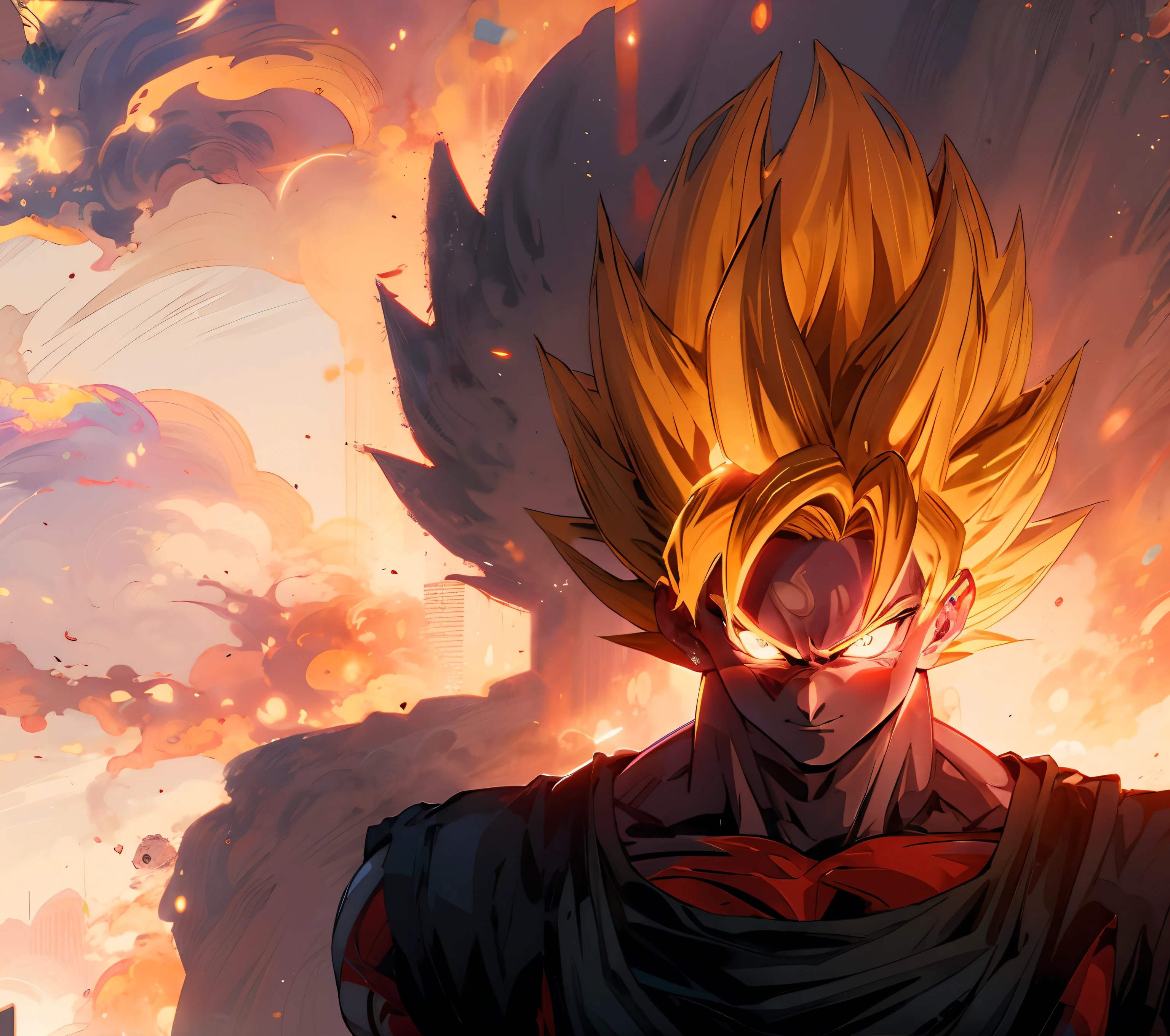 Highly detailed, High-quality, reimagine Goku, sunset background