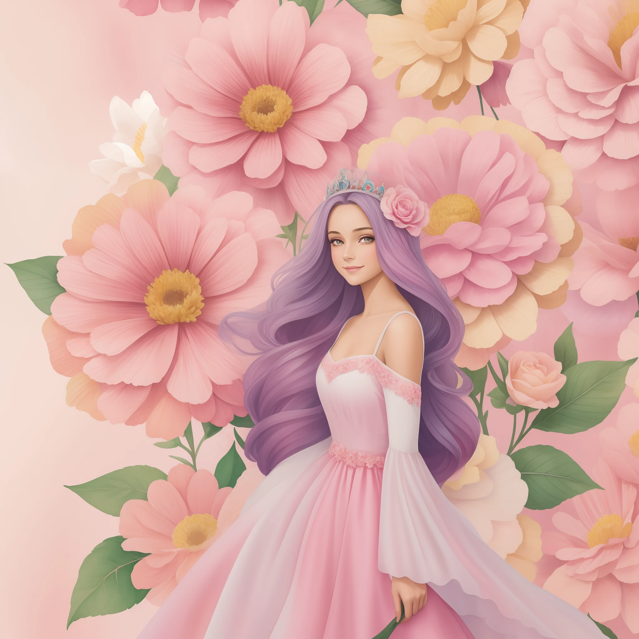 Uma pintura em aquarela de mulher sorrindo de longos cabelos vermelhos encaracolado em um vestido de princesa rosa com uma coroa de flores,vestido
