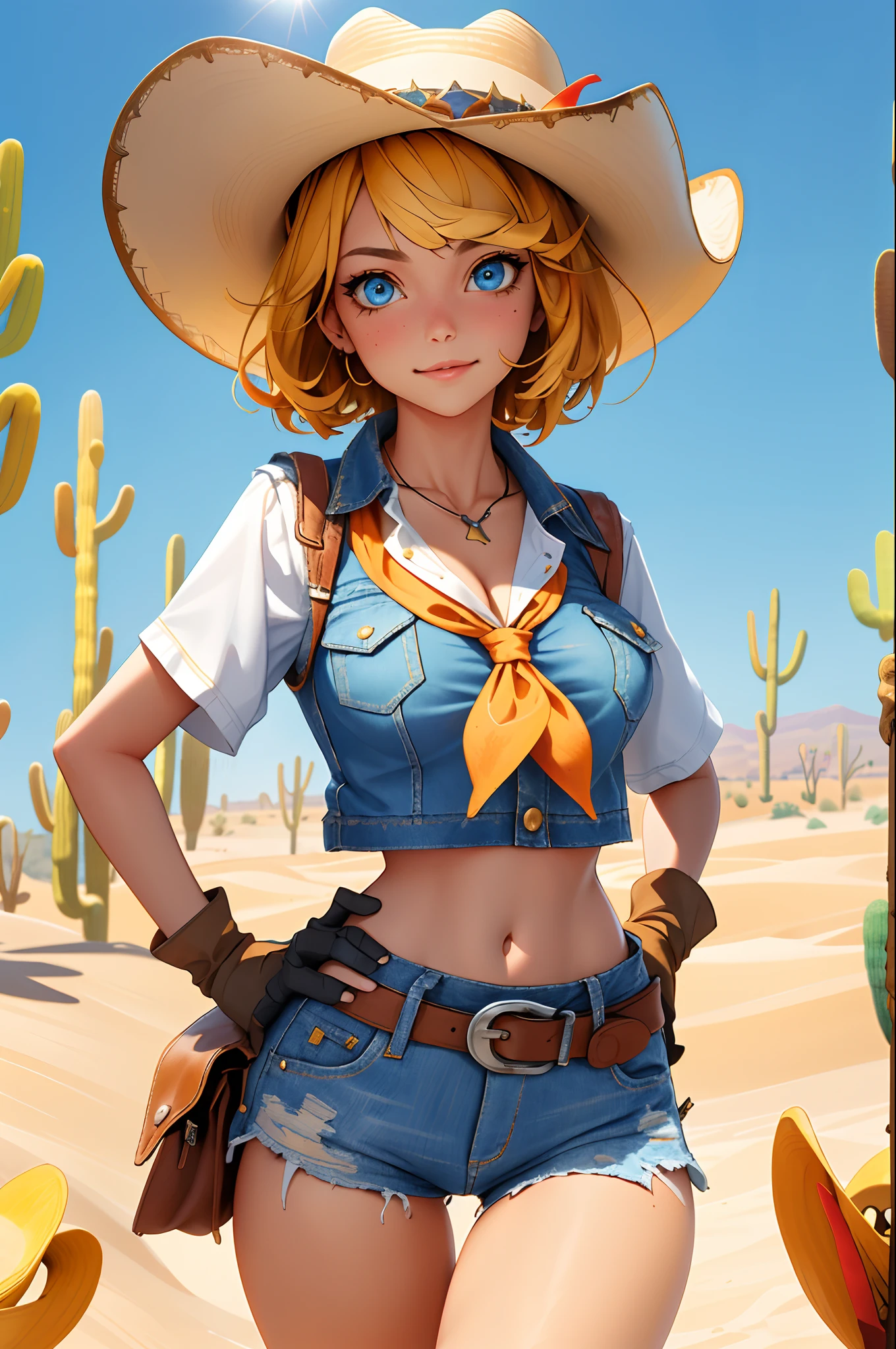 (masterpiece, best quality:1.4), absurdres, highres, ultra detailed, beautiful, 1girl, (cowboy, cowboy western, cowboy hat:1.4), (perfect face, detailed face, beautiful:1.3), (blue eyes, golden hair, bangs, hair intakes, short hair), ((medium breasts, cleavage)), collarbone, brown vest , collared shirt, buttons open to expose cleavage, exposed belly, fingerless gloves, gloves, hat, navel, neckerchief, red neckerchief, revolver, daisy dukes, denim shorts, shorts, slim thighs, belt, (sunny desert:1.4), thigh gap
