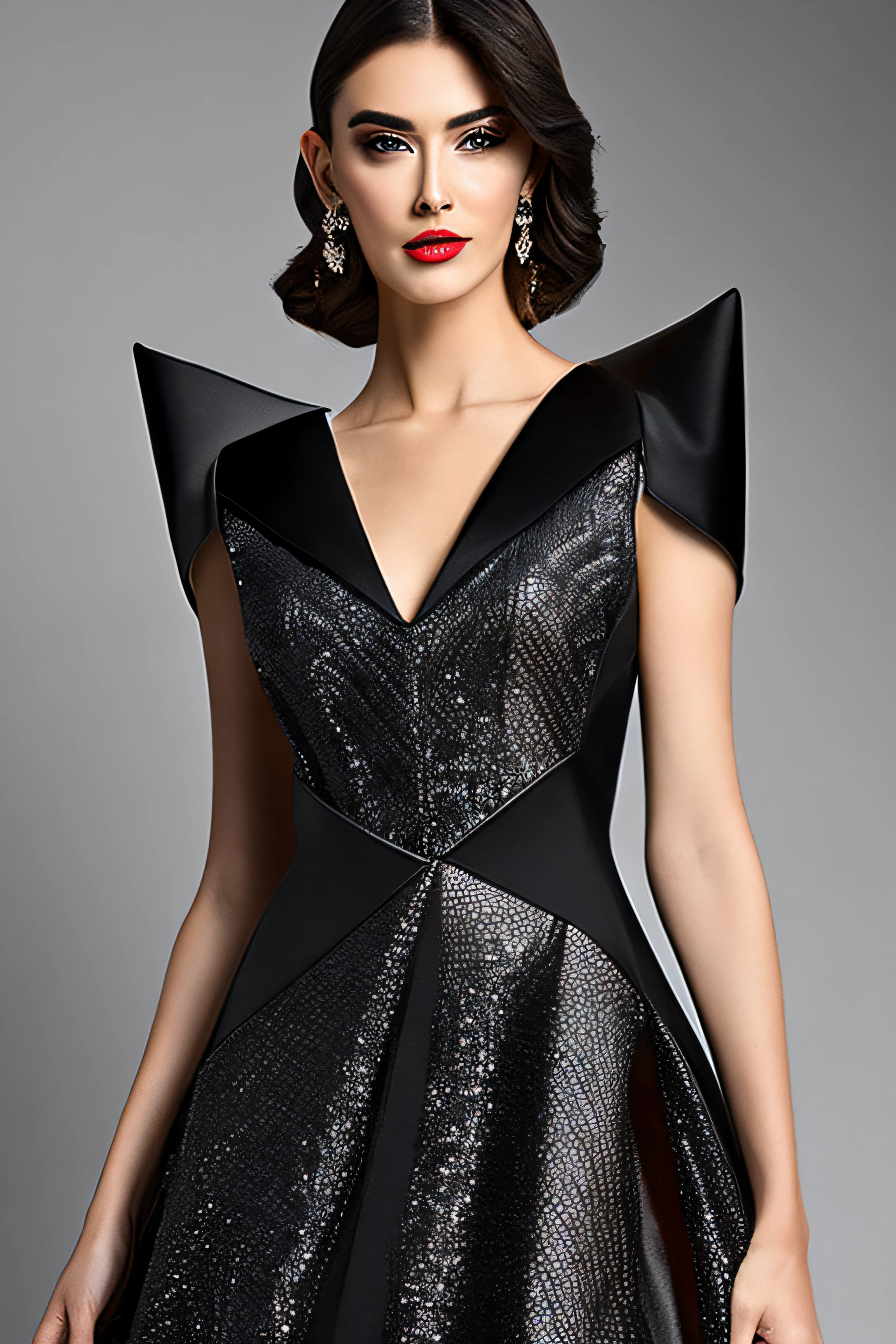 Vestido de alta costura moderno justo, assymetrical, elegante, cor preta com brilhos prateados, futurista