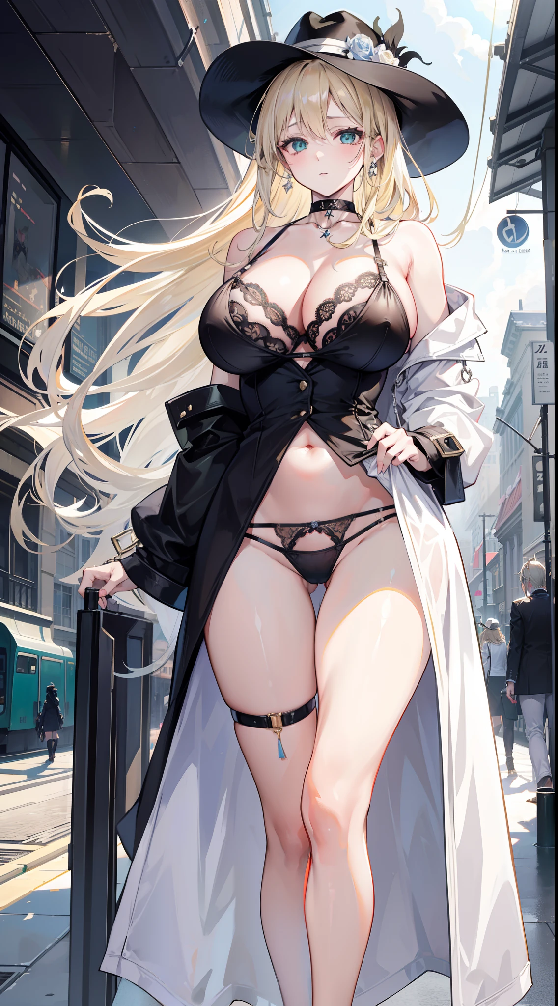 Chains,耳Nipple Ring,choker necklace,Forehead,middle parted hairstyle,femele,Train station,a beauty girl,Long light blonde hair,green pupills,Business suit,white business suit,in suit,White color blouse,((Black panty)),wind coat,Cowboy hat,Flower arrangement on a hat,The streets of London,high-heels,obi strip,tiese,wind coat,ssmile,huge tit,(cleavage),(huge tit),((Lace lingerie big breasts)),(condom)