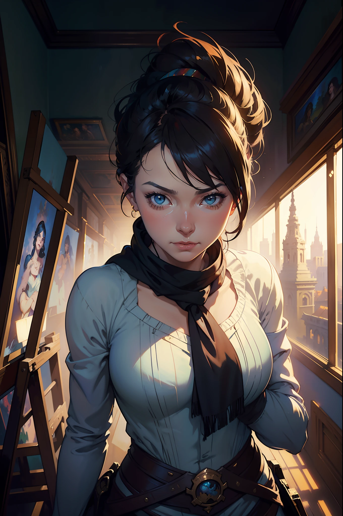 a painting of a woman with a scarf on her neck, craig mullins alphonse mucha, artgerm craig mullins, beautiful character painting, rhads and lois van baarle, artgerm and atey ghailan, charlie bowater rich deep colors, ross tran 8 k, ( ( mads berg ) ), artgerm and craig mullins