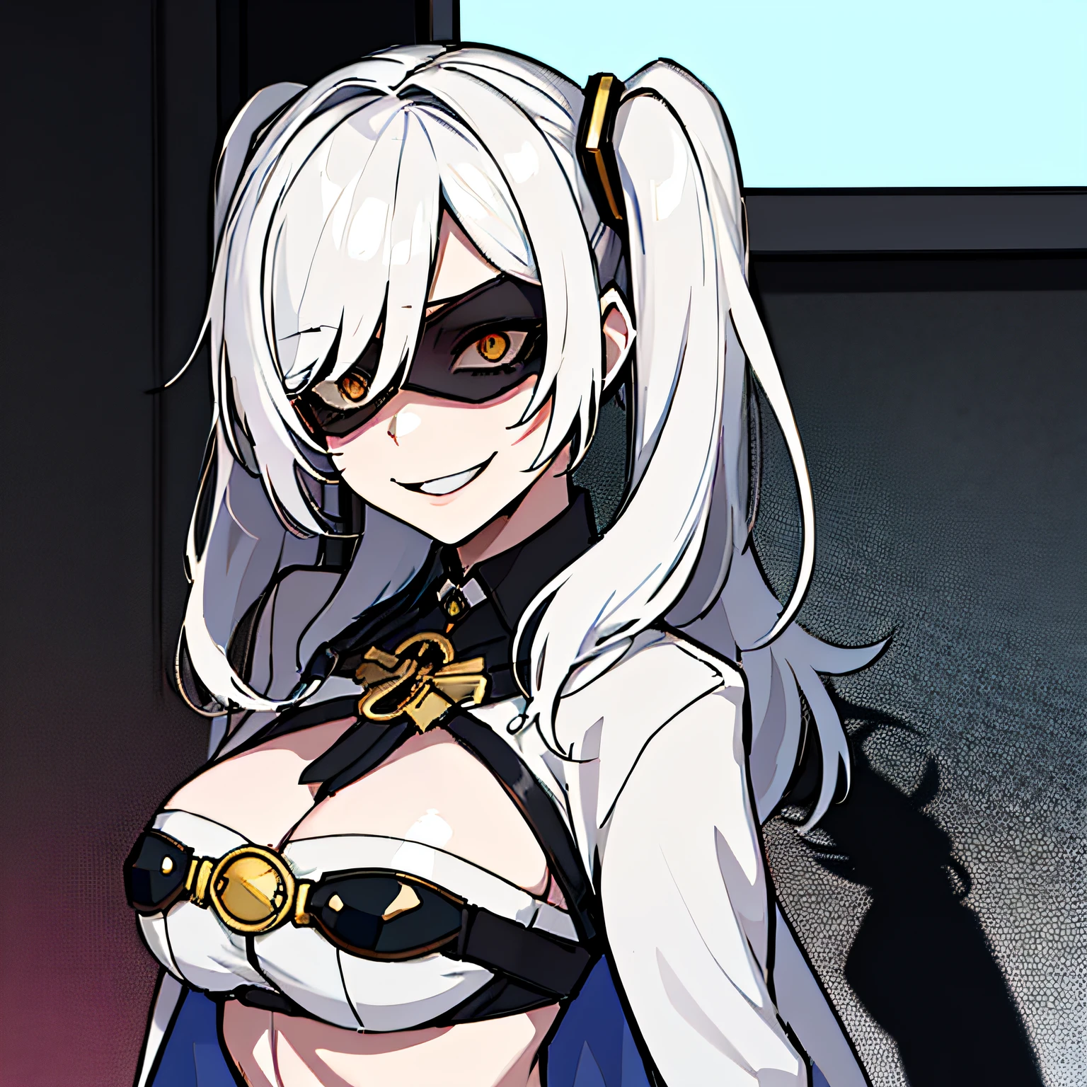 (absurdres, 8k, 4k, masterpiece, hyper extreme detailed:1.2), solo, 1girl, front view, perfect face, 1girl, portrait, expressive eyes, solo, standing, Female, girl with goggles and a chain around her neck, cyber goggles, victorian goggles, round goggles, goggles, cyberpunk monocle!, goggle eyes, steampunk googles, steampunk goggles, wearing victorian brass goggles, weak, female, large breasts, pale, cream colored hair, long hair, gold eyes, swept bangs, slim, slender, intelligent, genius, mad scientist, twin tails, Inventor, confident, perfect anatomy, futuristic, pervert, half body, crazy face, crazy eyes, crazy smile, 1girl, futuristic, white hair, mature, adult, attractive, skirt, hologram, monocle, wide smile, jovial, poofy twin tails, big hair, evil. criminal, shaded face, shadow over eyes, insane, scary, menacing, malicious, shadows, nighttime, experiment, white swimsuit, swimwear, bikini, cleavage, midriff,