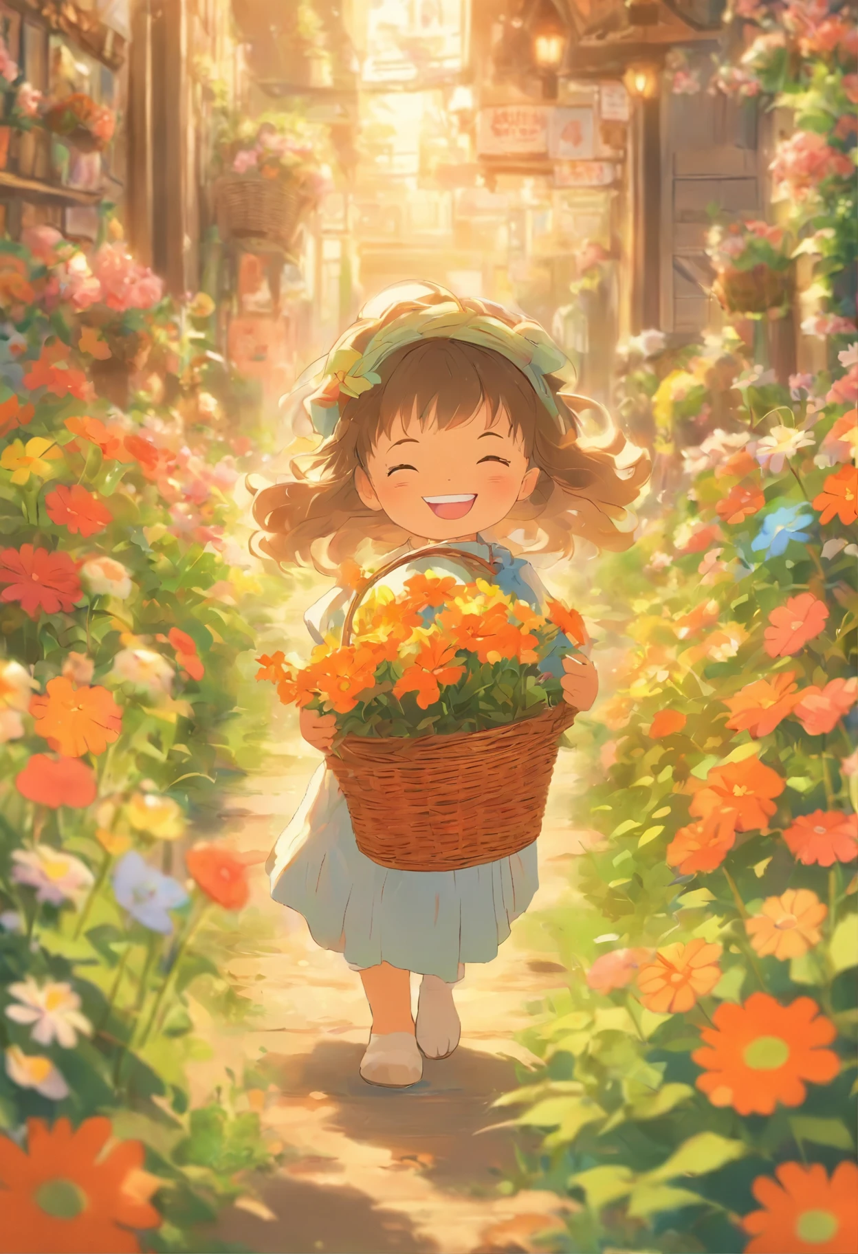 A 5-year-old girl picks flowers with a basket of flowers,ssmile, Next to it is followed by a round-eyed little flower cat,