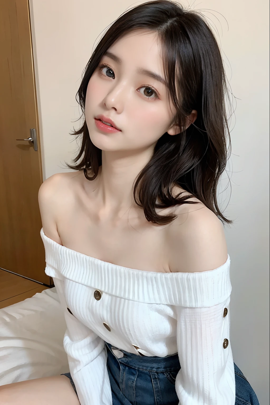 Fashion trendy beautiful and charming woman, gentle and charming Chinese beautiful woman, Delicate and sexy collarbone, charming oval face, Double eyelids, Smart peach blossom eyes, Pink lips, small nose, Bare shoulders, Focus on the face, Close-up of the face, The ultra -The high-definition, ultra-detailliert, White off-the-shoulder sweater、Perfectly reflects the light blue slit skirt, Fresh and impressive