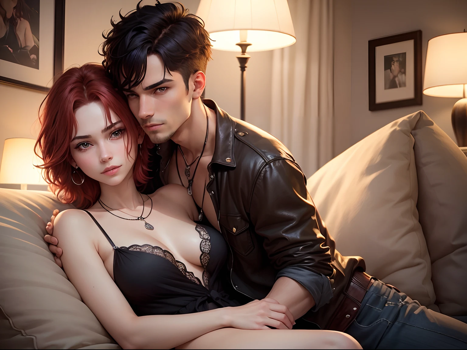 masterpiece, top-quality, Male and female couples, fullbody, full body, Adults, Height difference, different fashion, different color, finely eye and detailed face, intricate detailes, Casual clothing, have sex in sofa, smile, Happiness, tenderness, high-level image quality、 gentle male、tall、hug from behind、Trying to kiss、nightfall、nighttime scene、𝓡𝓸𝓶𝓪𝓷𝓽𝓲𝓬、By Fedman with a necklace, detailed punk hair, ((asa)) baggy eyes, seductive and have sex, hyperrealistic teen, short hair above the ears, Man with short hair, Woman with long wavy hair, A man with a glaring expression and a woman with a gentle expression, With a short-haired man with brown hair, Woman with pretty long red hair, have sex on sofa.