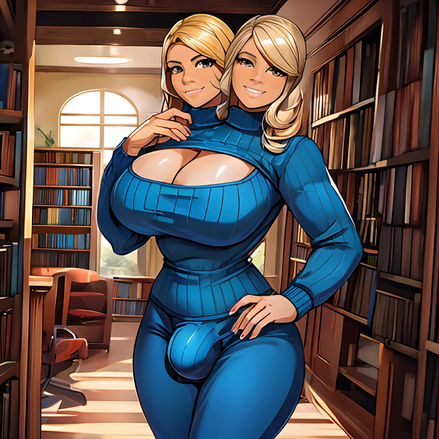 2heads,1man,( big bulge:1.3), feminine face, no body hair, no facial hair,,47 years old,sexy Argentinian, platinum blonde, pink and blue hair, wearing a turtleneck sweater, looking at viewer with lust,crows feet, mature,wide hips, small waist,tight short lycra,perky breasts, cleavage, standing inside a seventies library,crotch dripping