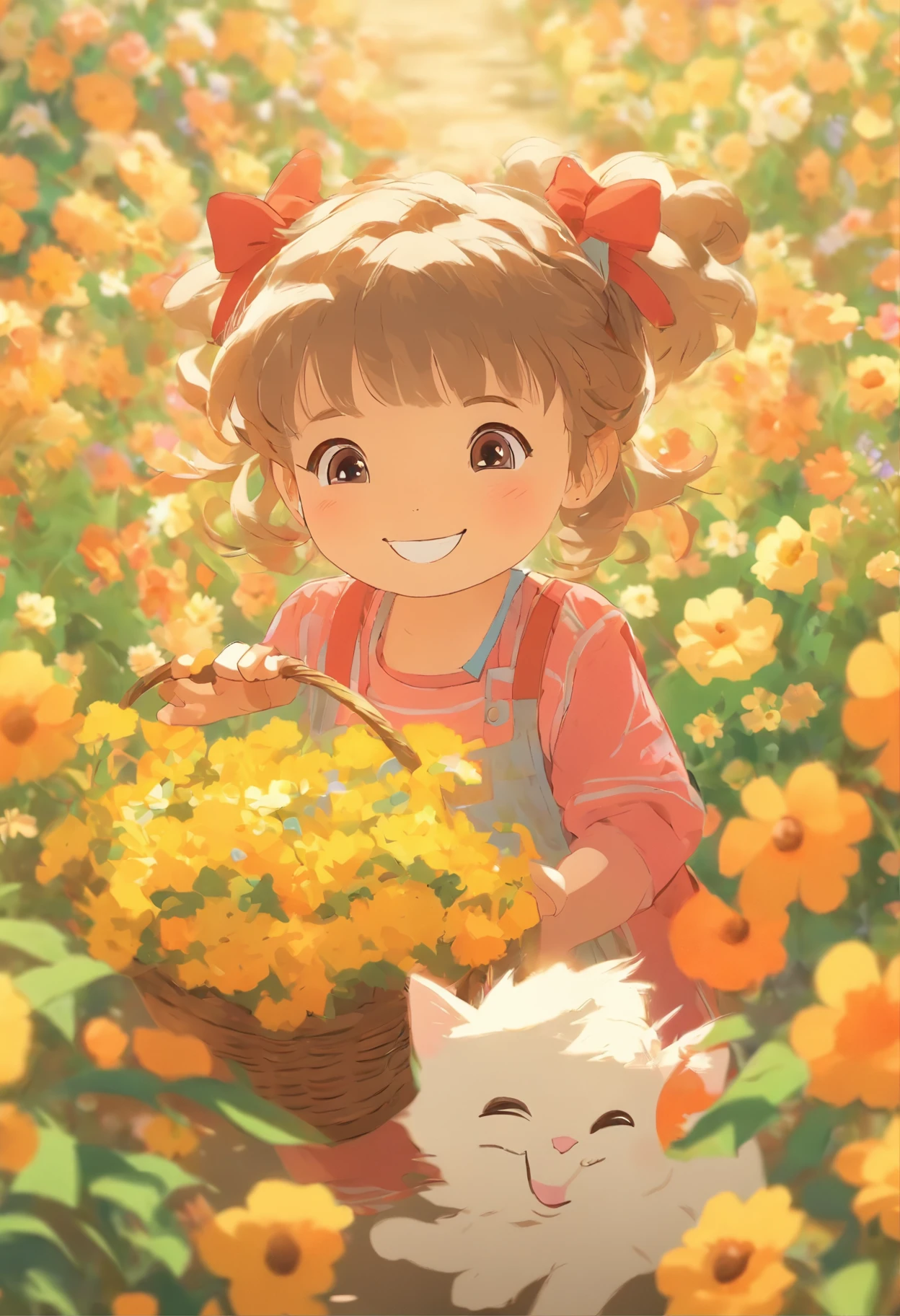A 5--old l picks flowers with a basket of flowers,ssmile, Next to it is followed by a round-eyed little flower cat,