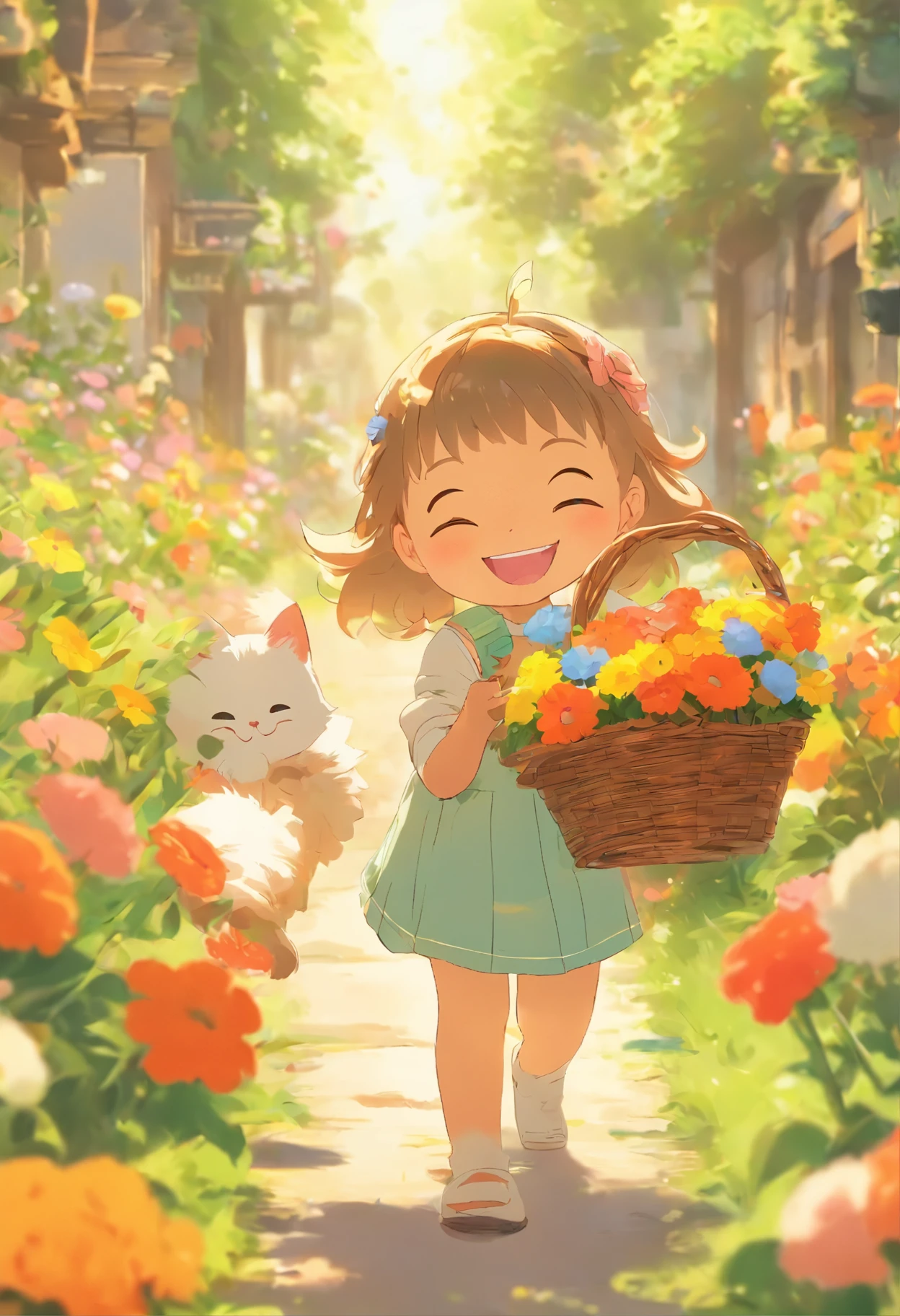 A 5-year-old girl picks flowers with a basket of flowers,ssmile, Next to it is followed by a round-eyed little flower cat,