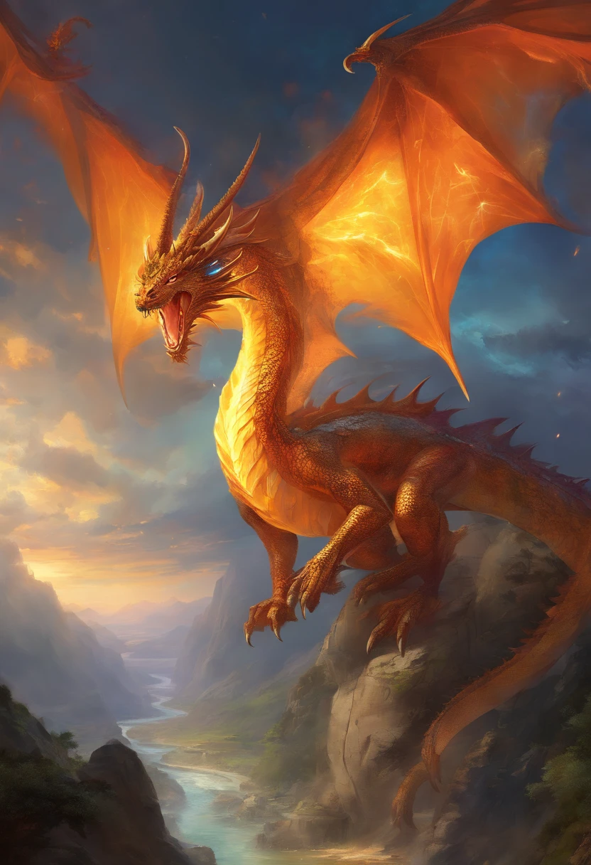 An amber, majestic, 90,000-kilometer long Dragon soaring in a place with a fierce gaze, standing tall and exuding immense power. [(best quality,4k,8k,highres,masterpiece:1.2),ultra-detailed,(realistic,photorealistic,photo-realistic:1.37),HDR,UHD,studio lighting,ultra-fine painting,sharp focus,physically-based rendering,extreme detail description,professional,vivid colors,bokeh], [illustration,concept artists], [detailed scales,dynamic motion,wind-swept scales], [vibrant blues and aquas,colorful gradient], [striking highlights and shadows to accentuate its form].
