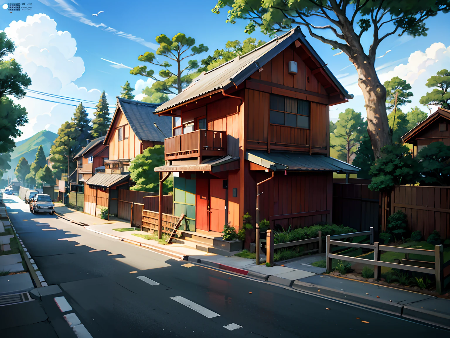 (Japanese town Landscape), (Hayao Miyazaki Style), cartoon, japanese townhouse, road, bend, small house, tree, pole, white cloud, landscape, outdoor, green trees, epic composition, realistic lighting, high-definition detail, masterpiece, the best quality, (very detailed CG unified 8k wallpaper), --v6