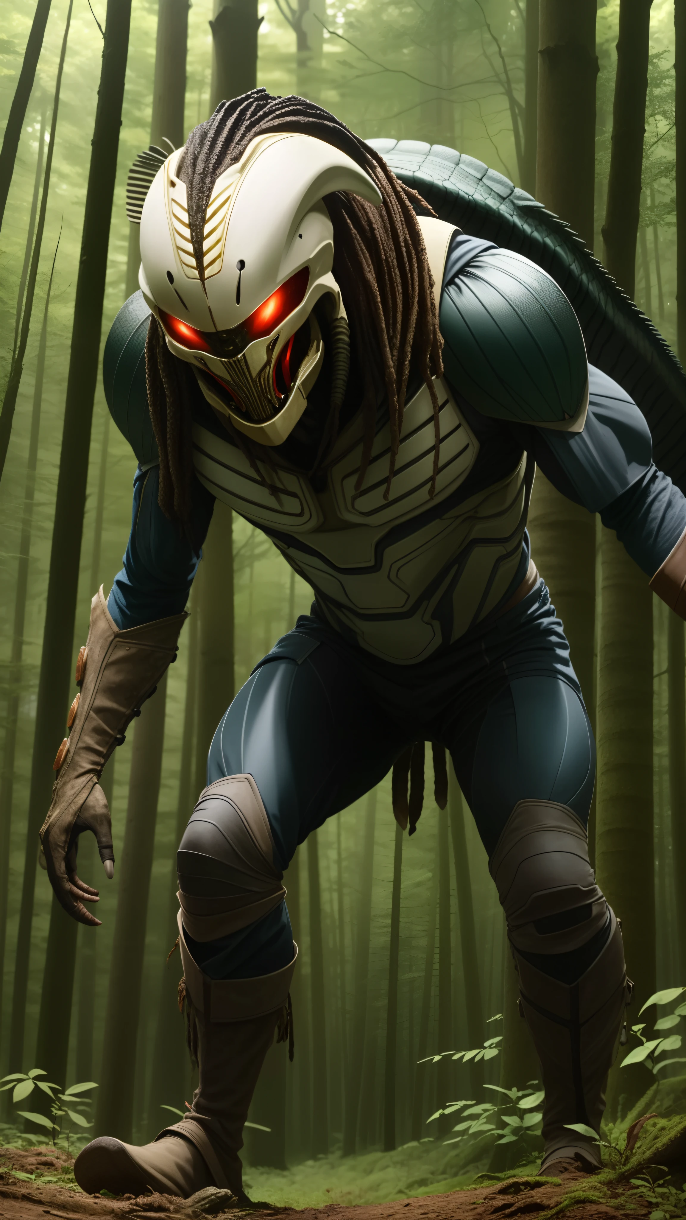 a close up of a predator in a forest with trees, the predator, predator, predator movie, predator alien, predator film, from the movie predator 1987, predator eyes, apex predator, still from the movie predator, predator 2, alien vs predator, full body close-up shot, reptile, as atlantean reptilian warriors