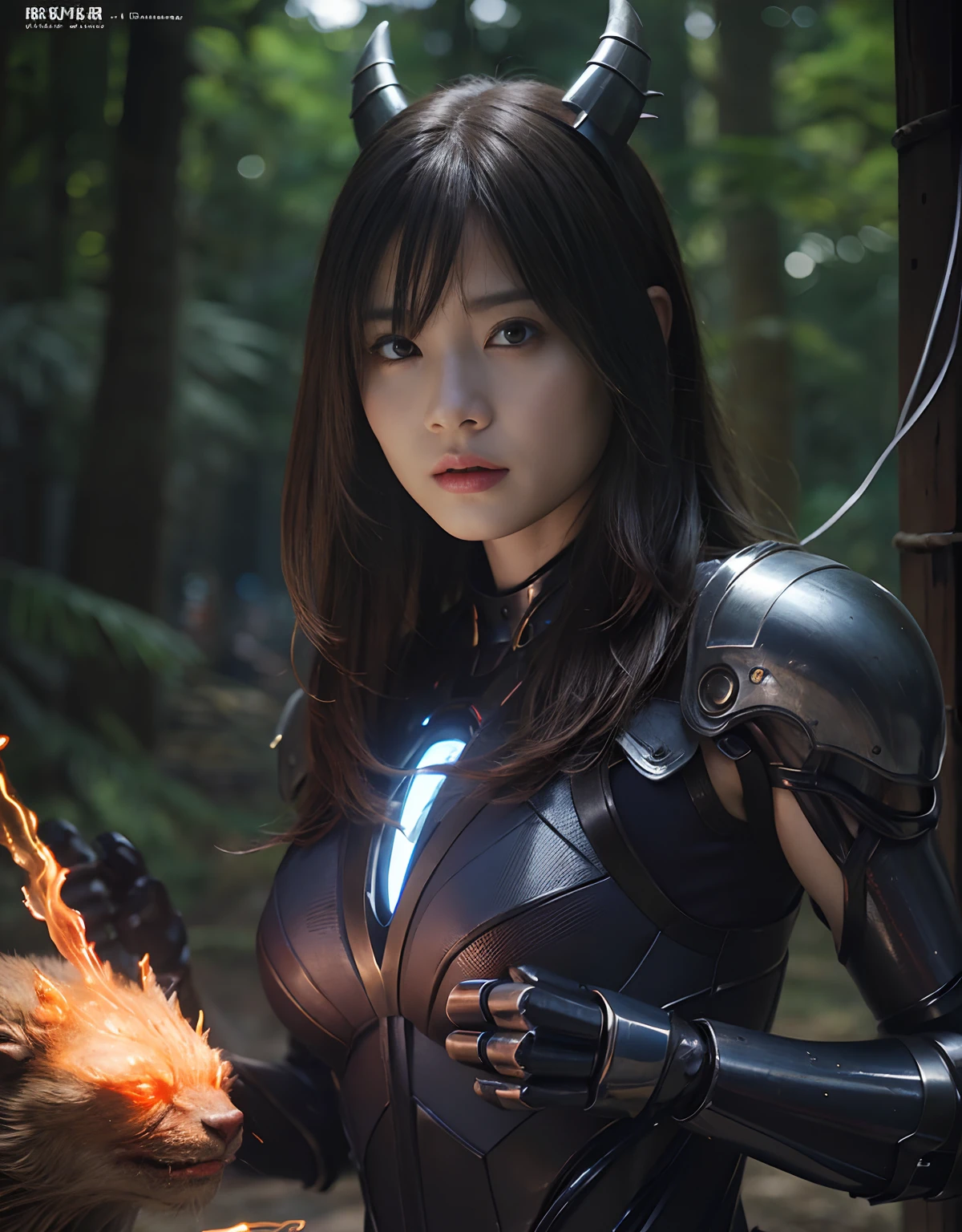 (1 Mechanical Girl)、top-quality、​masterpiece、超A high resolution、(Photorealsitic:1.4)、Raw photo、女の子1人、Fight mutants、glowy skin、(((1 Mechanical Girl)))、With a beautiful knife、（Green Metal Bodysuit）、(Kobold、ogre、Fierce battle with orcs),（Fight fiercely against aliens）、Fight fiercely、(beautiful forest background)、(Fighting Demonic Beasts)、(Small LED)、((super realistic details))、portlate、(Strong giant demon beast background),globalillumination、Shadow、octan render、8K、ultrasharp、Colossal tits、Raw skin is exposed in cleavage、metals、Details of complex ornaments、Japan details、highly intricate detail、Realistic light、(Mystical expression),CGSoation Trends、Blue eyes、radiant eyes、Facing the camera、neon details、(Mechanical limbs)、(blood vessels connected to tubes)、Mechanical vertebrae attached to the back、mechanical cervical attaching to neck、(Wires and cables connecting to the head)、Gundam、Small LED、,Mechanical thighs、Toostock、（Hands are also made of machines）、（Attack of the Monster Beasts）、（Wounded in a deadly battle）、