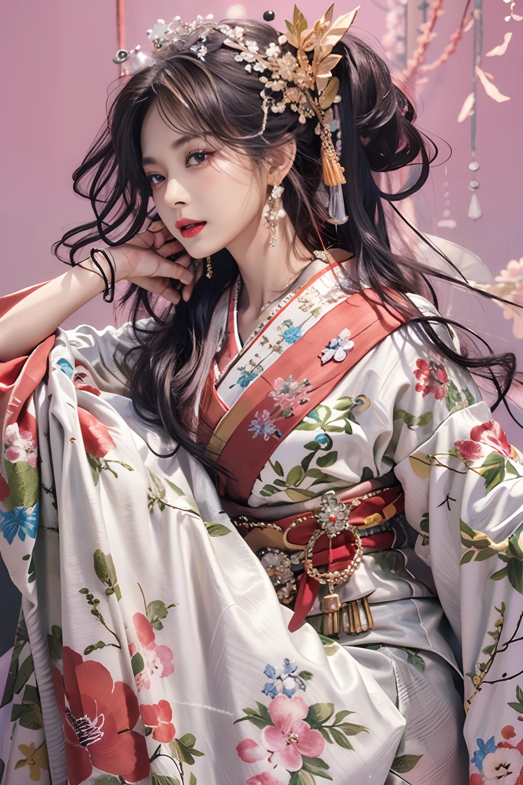 Photorealistic, High resolution, 1womanl, Solo, hips up high, look at viewr, (Detailed face), Kimono, jewely、Luxury Jewels、Gorgeous girl、