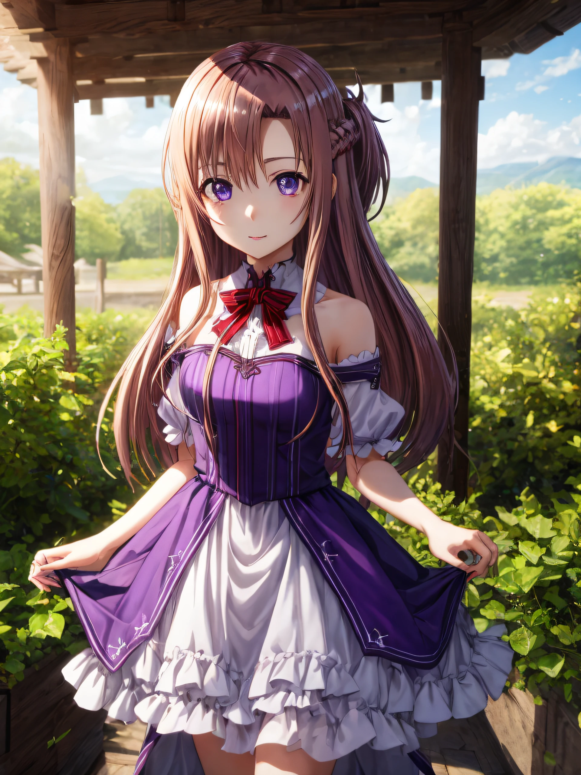 best qualtiy，hight resolution、Dress correctly、独奏、best pictures,Yuuki Asuna , super precision、Cowboy Shot、[3D images:1.35]、[[In high-quality anime、Cute Asuna with brown hair and brown eyes:1.15]]、(\Alice fell into the darkness with purple hair and purple eyes\),[[Attractive eyes,A detailed eye、radiant eyes, Colorful eyes:1.15],Over all、front-facing view、 8k picture,