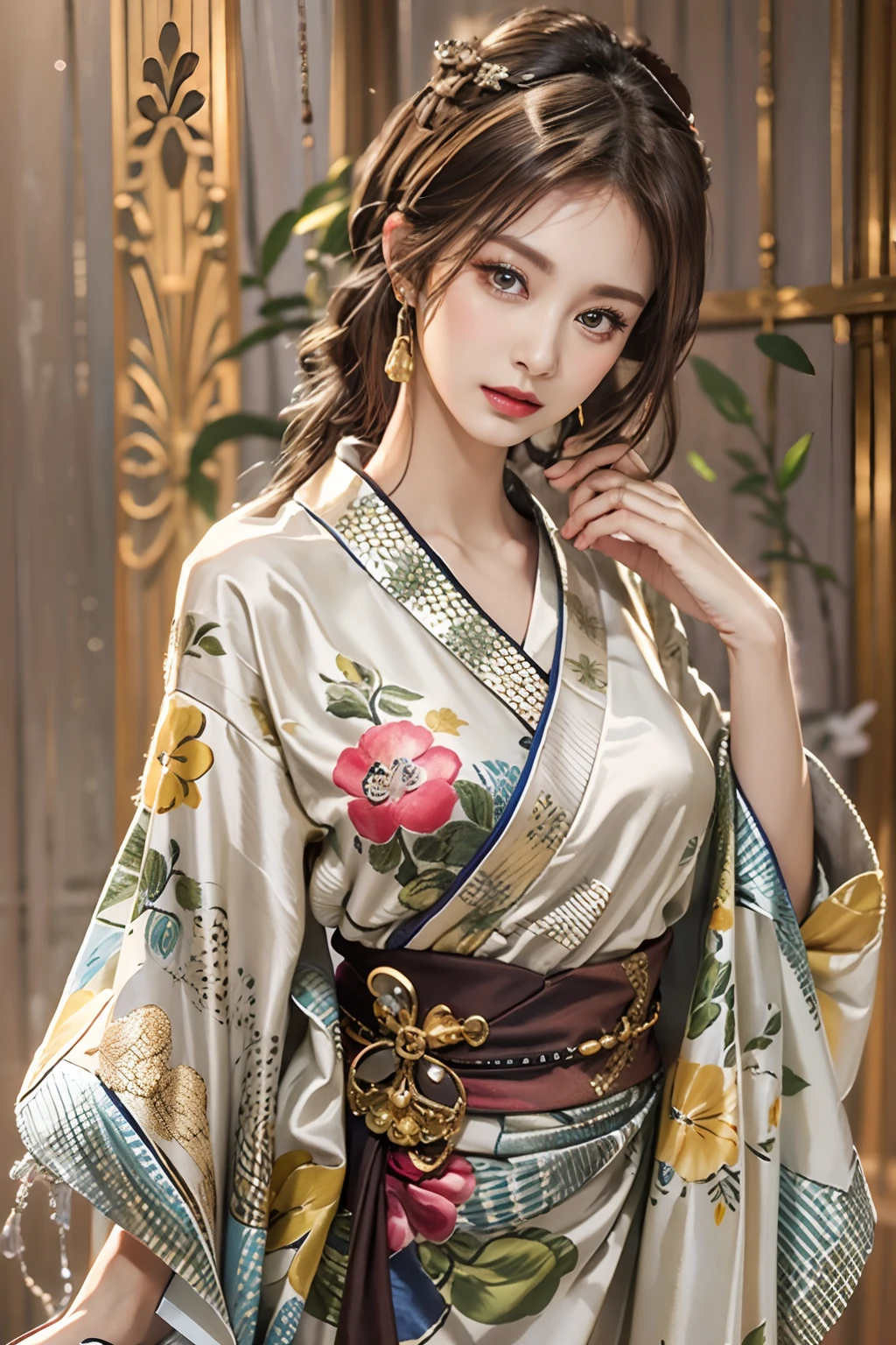Photorealistic, High resolution, 1womanl, Solo, hips up high, look at viewr, (Detailed face), Kimono, Jewelry、brown haired、Gorgeous girl、