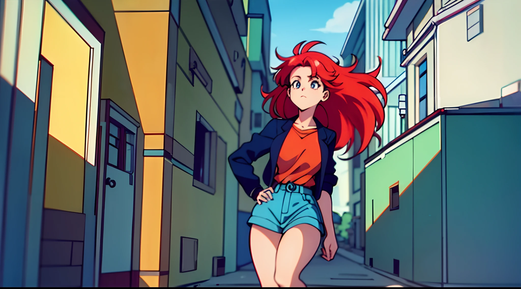 a woman with red hair and a green shirt in front of a building, lofi, 8 0 s vibe anime, anime vibes, Digital anime illustration, retro anime girl, menina sedutora, Elogio Artstyle, no estilo de arte do anime 8 0 s, estilo anime. 8k, arte digital do anime cyberpunk, estilo anime 4K